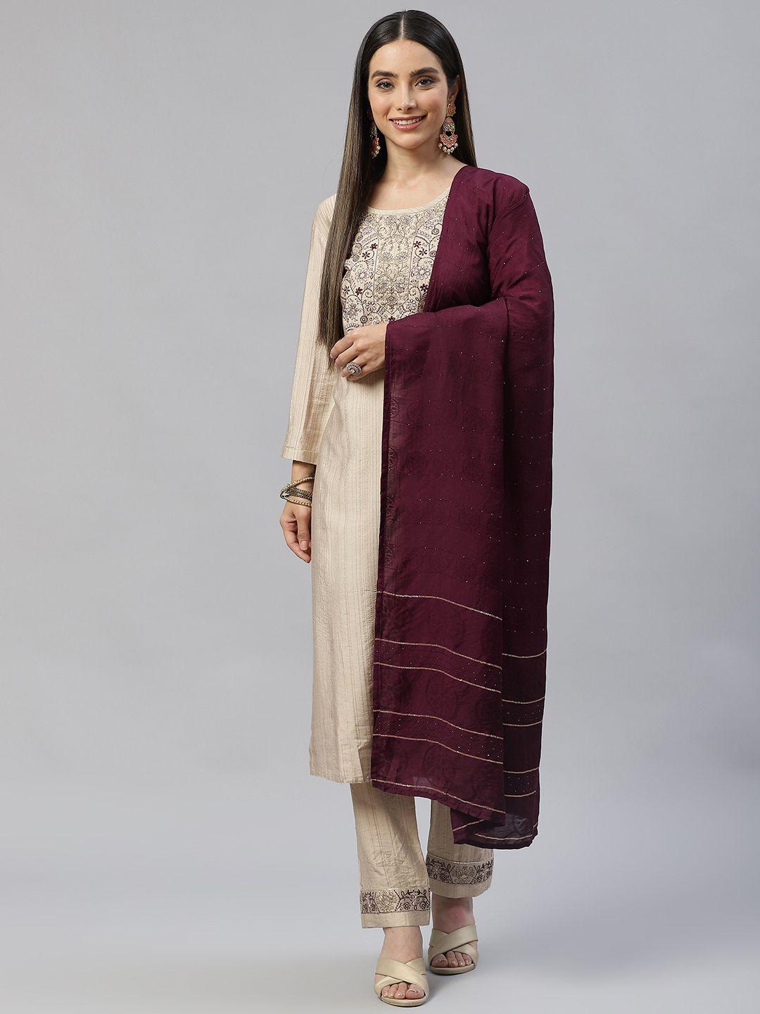 shewill women beige ethnic motifs yoke design kurta with trousers & dupatta