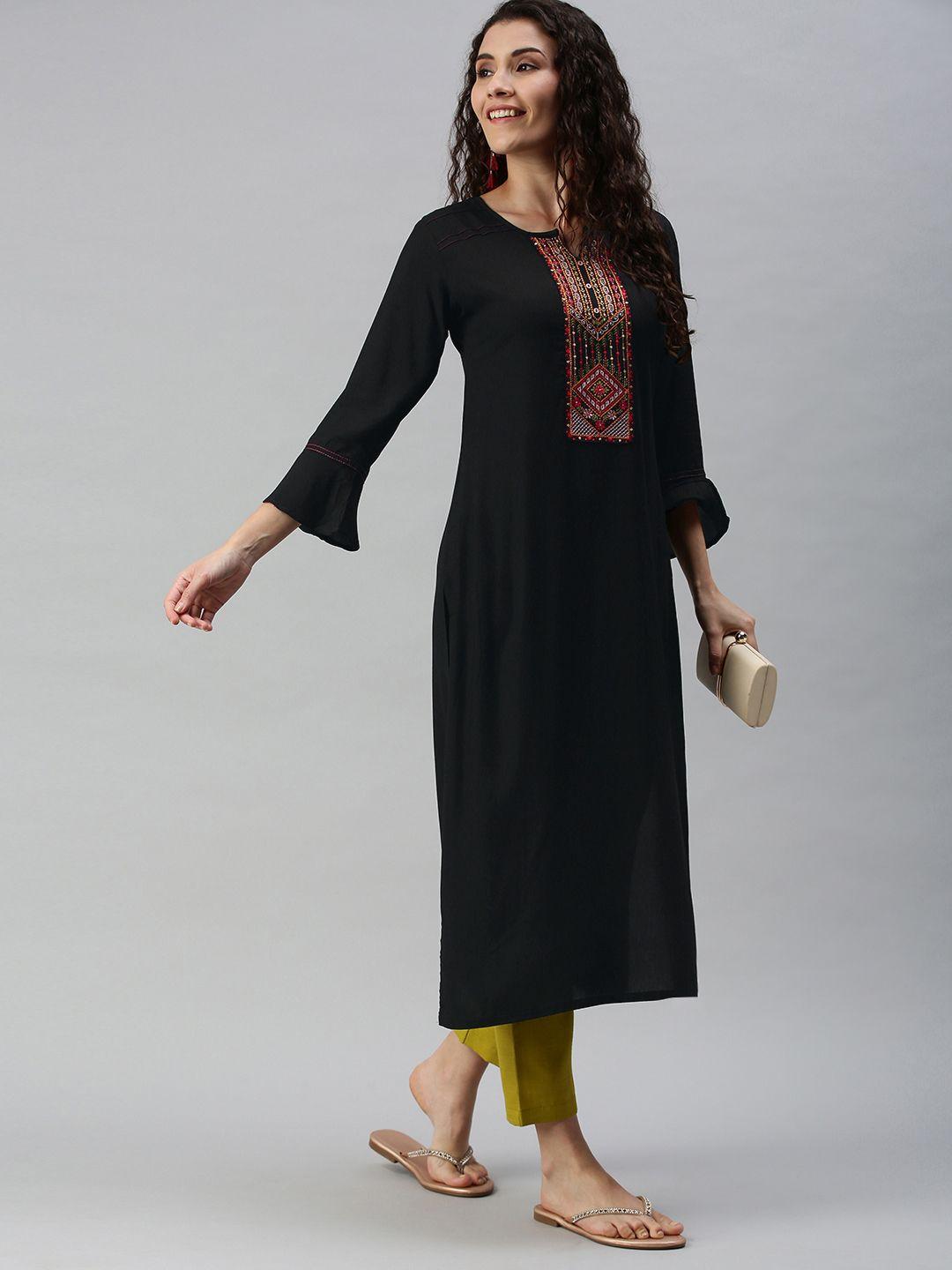 shewill women black bell sleeves thread work kurta