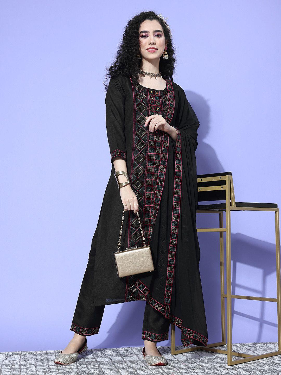 shewill women black embroidered regular sequinned kurta with trousers & with dupatta