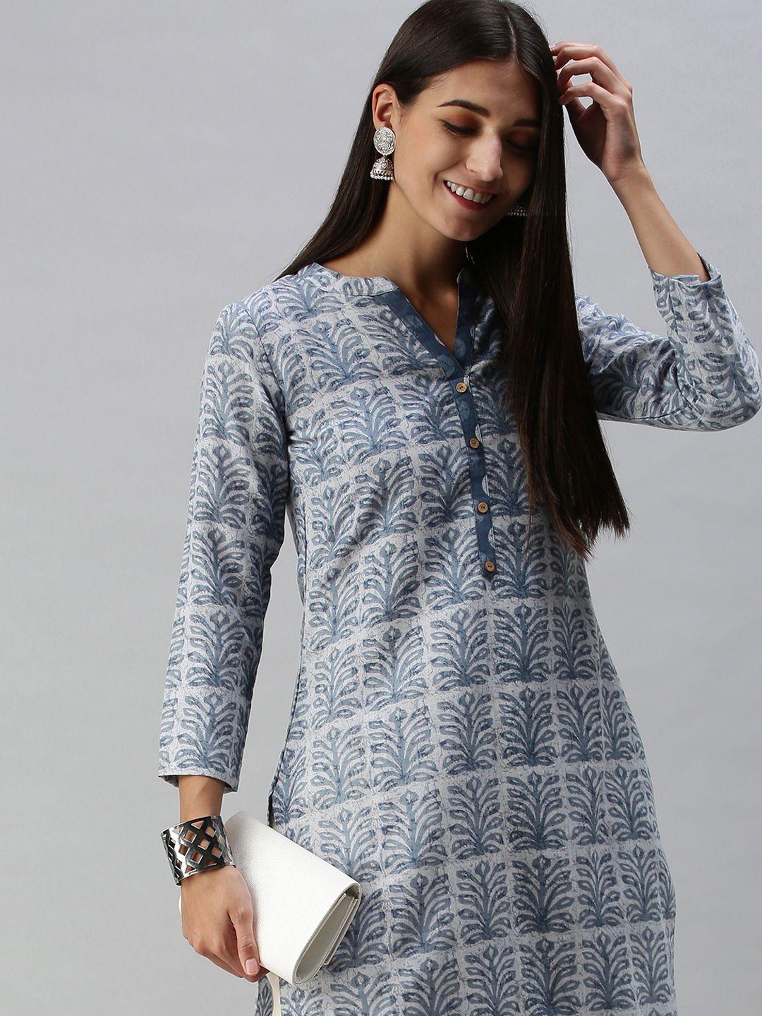 shewill women blue & white ethnic motifs printed kurta