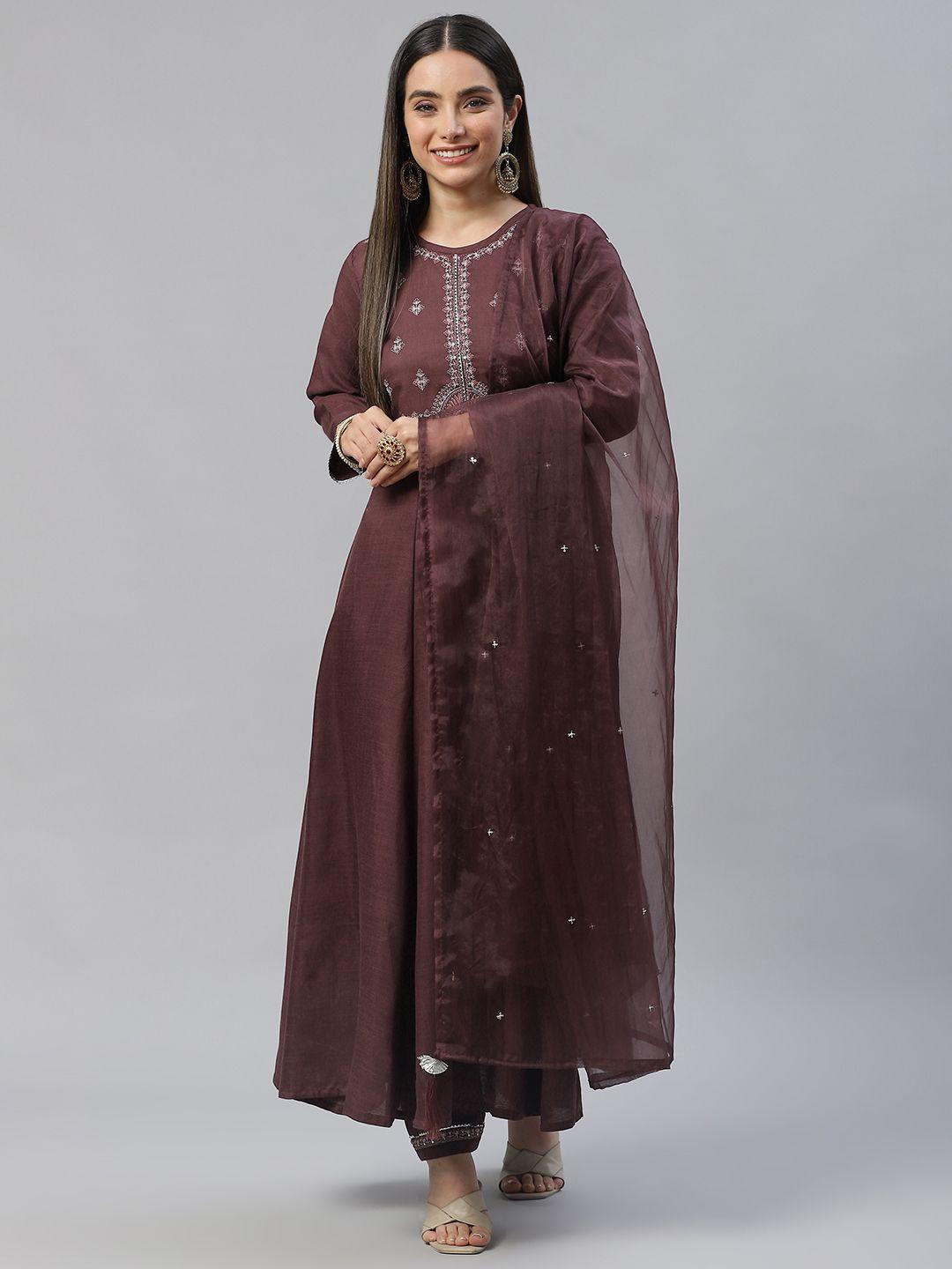 shewill women brown ethnic motifs embroidered kurta with trousers & dupatta