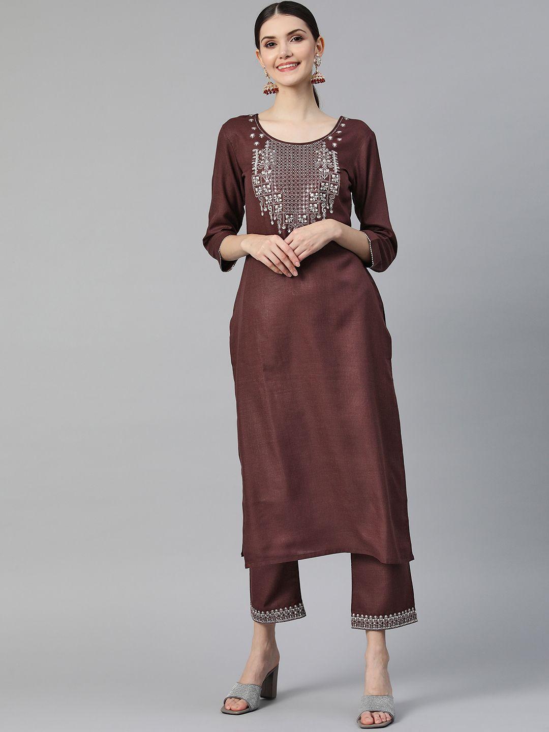 shewill women brown floral embroidered mirror work kurta with trousers
