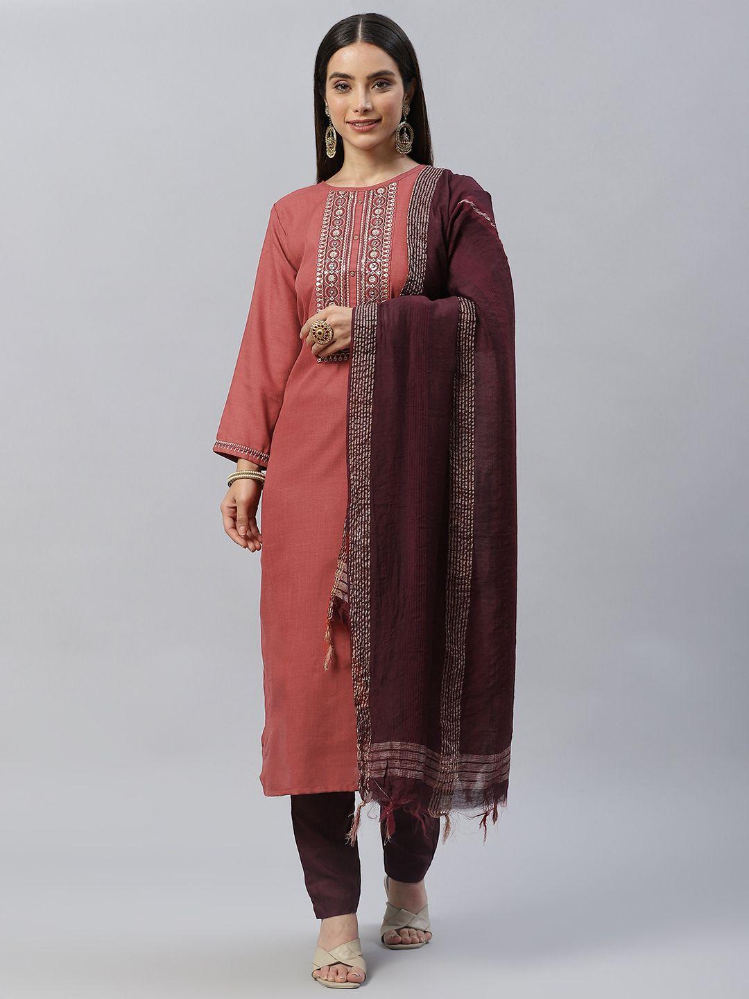shewill women burgundy ethnic motifs yoke design kurta with trousers & dupatta