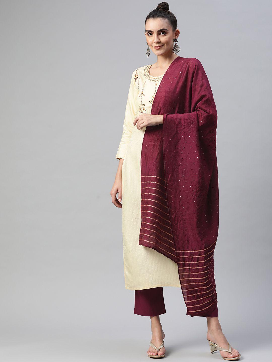 shewill women cream-coloured & maroon ethnic yoke design kurta with trousers & dupatta