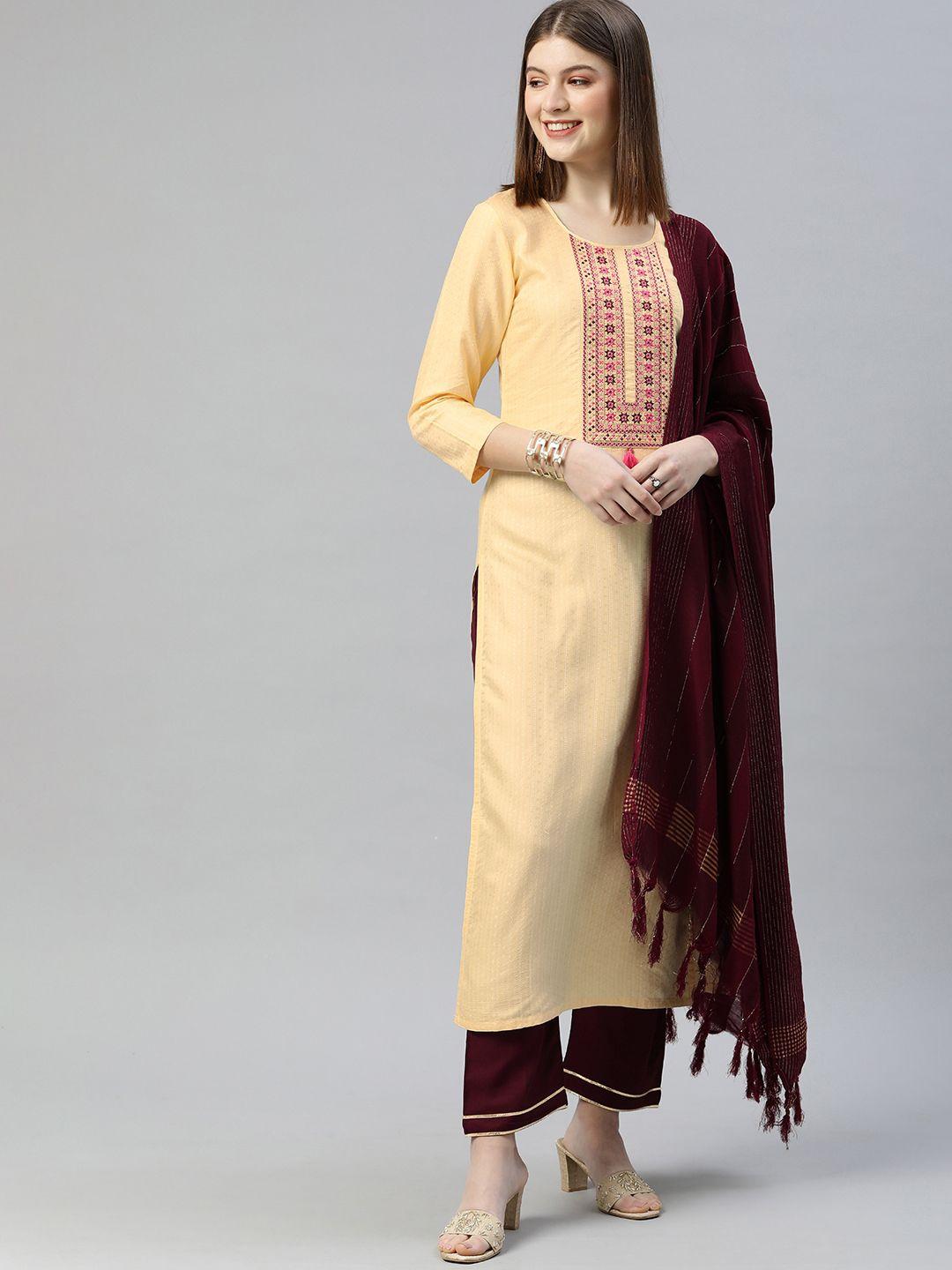 shewill women cream-coloured ethnic motifs embroidered kurta with trousers & dupatta