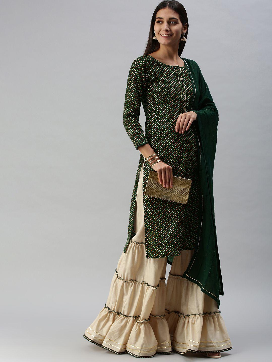 shewill women green bandhani printed regular gotta patti kurta with sharara & with dupatta