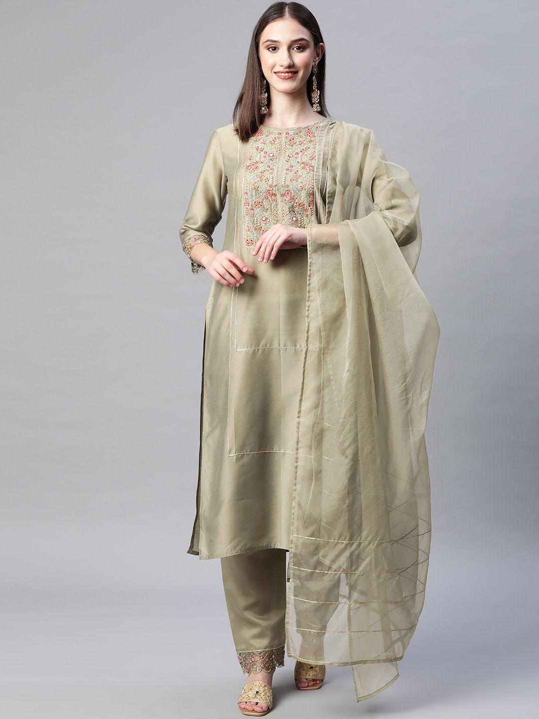 shewill women green ethnic motifs embroidered sequinned kurta with trousers & with dupatta