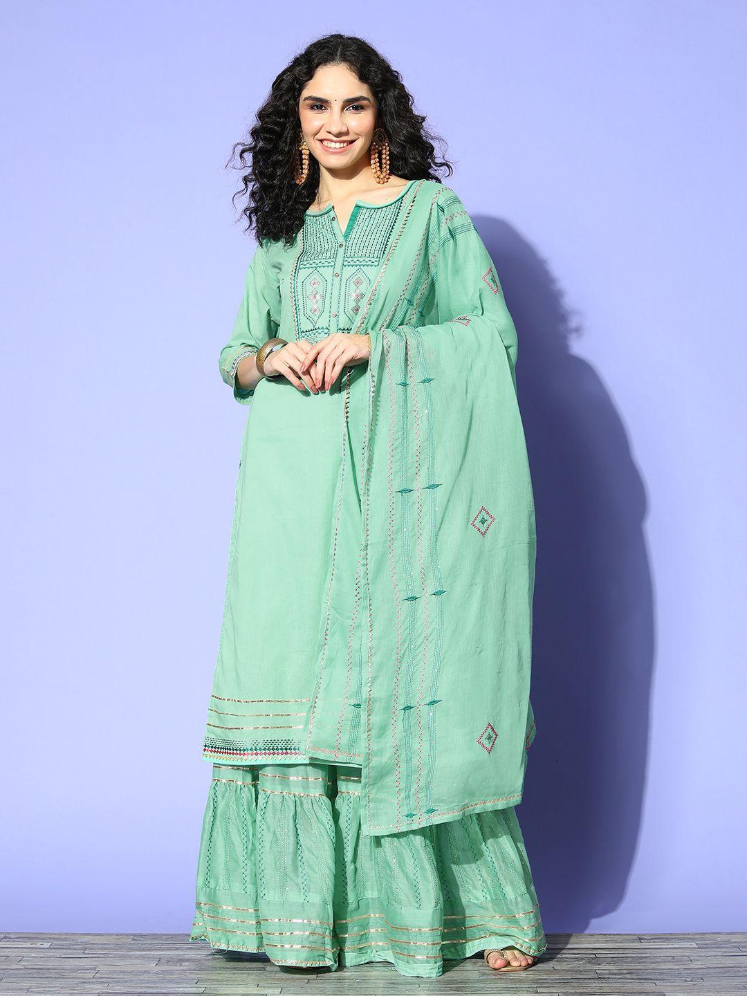shewill women green ethnic motifs yoke design sequinned kurta with sharara & with dupatta