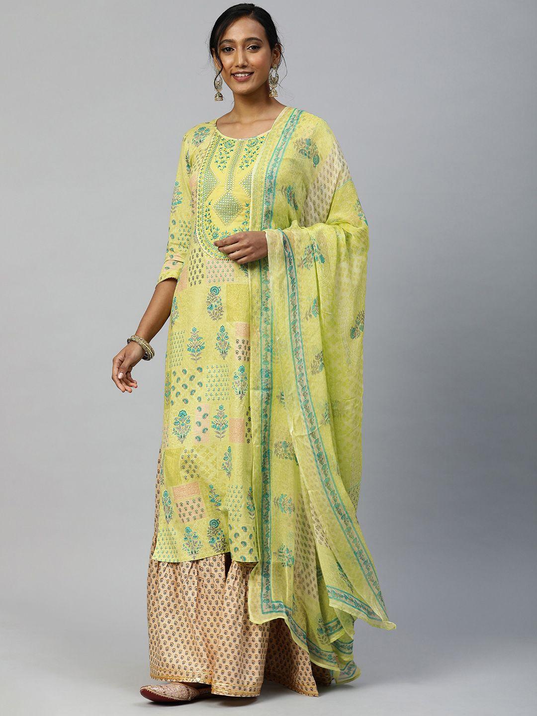 shewill women green floral embroidered gotta patti pure cotton kurta with sharara & with dupatta