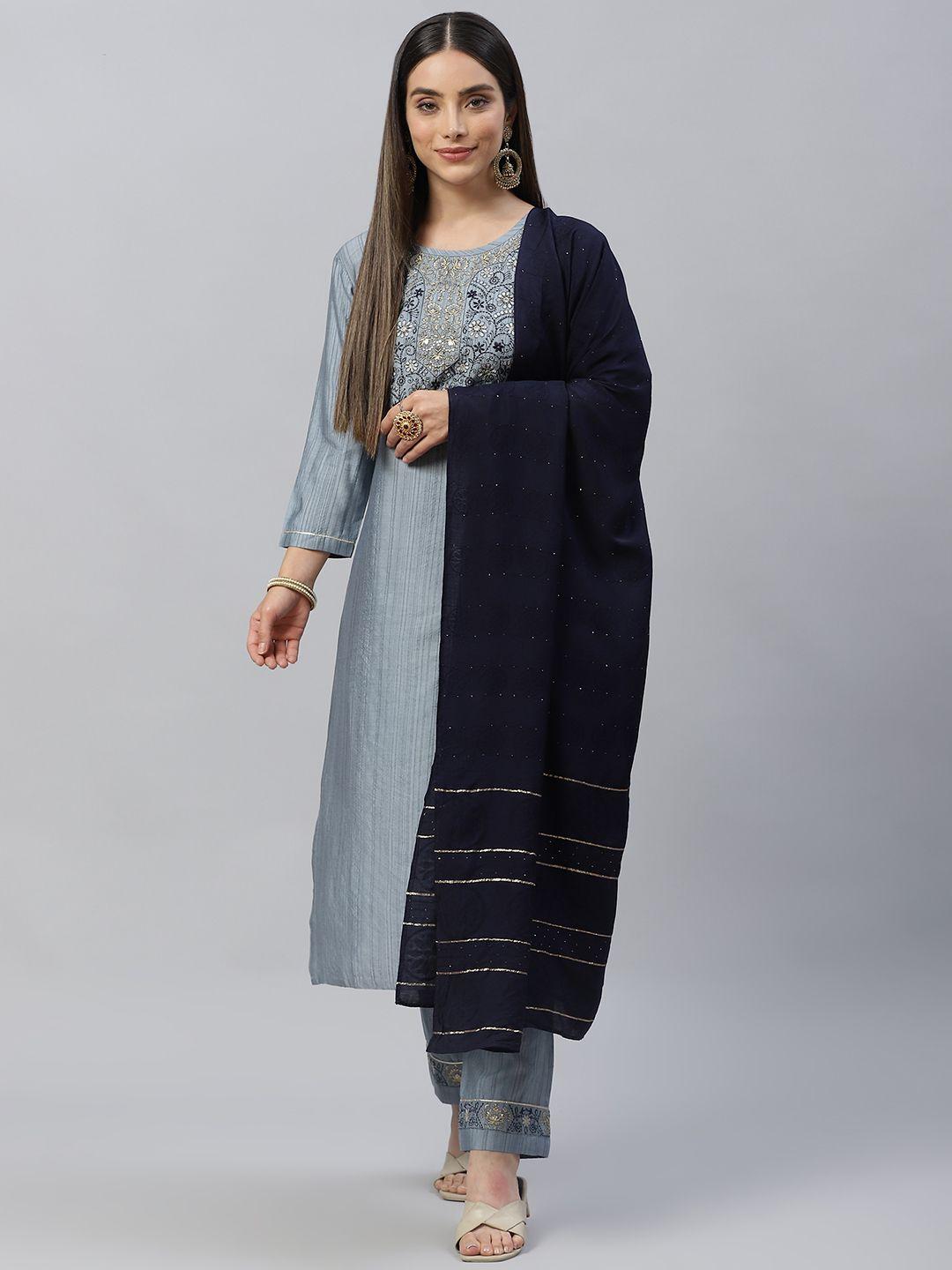shewill women grey ethnic motifs yoke design sequinned kurta with trousers & dupatta
