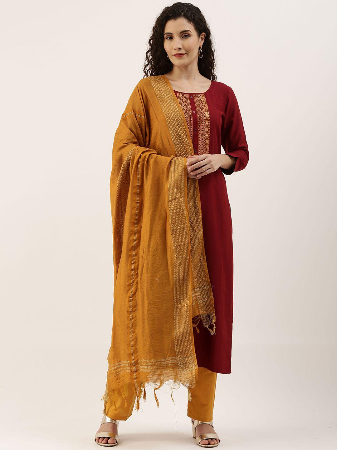 shewill women maroon & beige embroidered kurta with trousers & dupatta