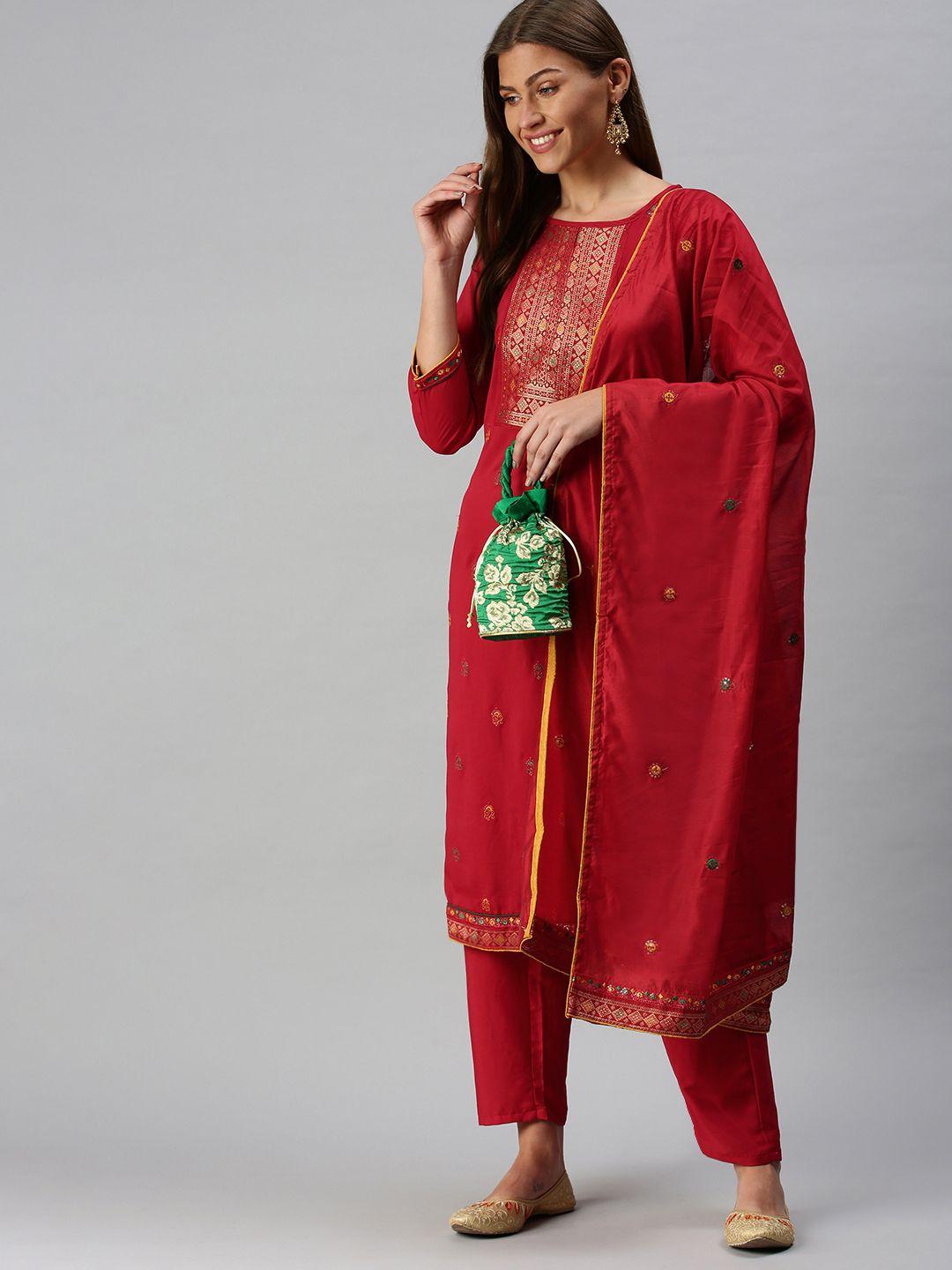shewill women maroon embroidered jacquard kurta with trousers & dupatta