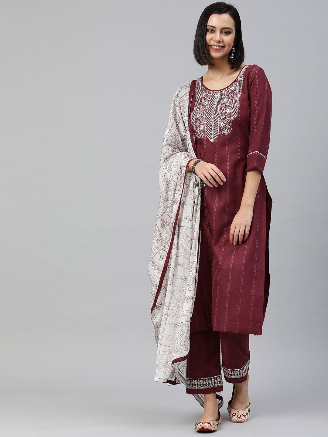 shewill women maroon ethnic motifs embroidered kurta with trousers & with dupatta
