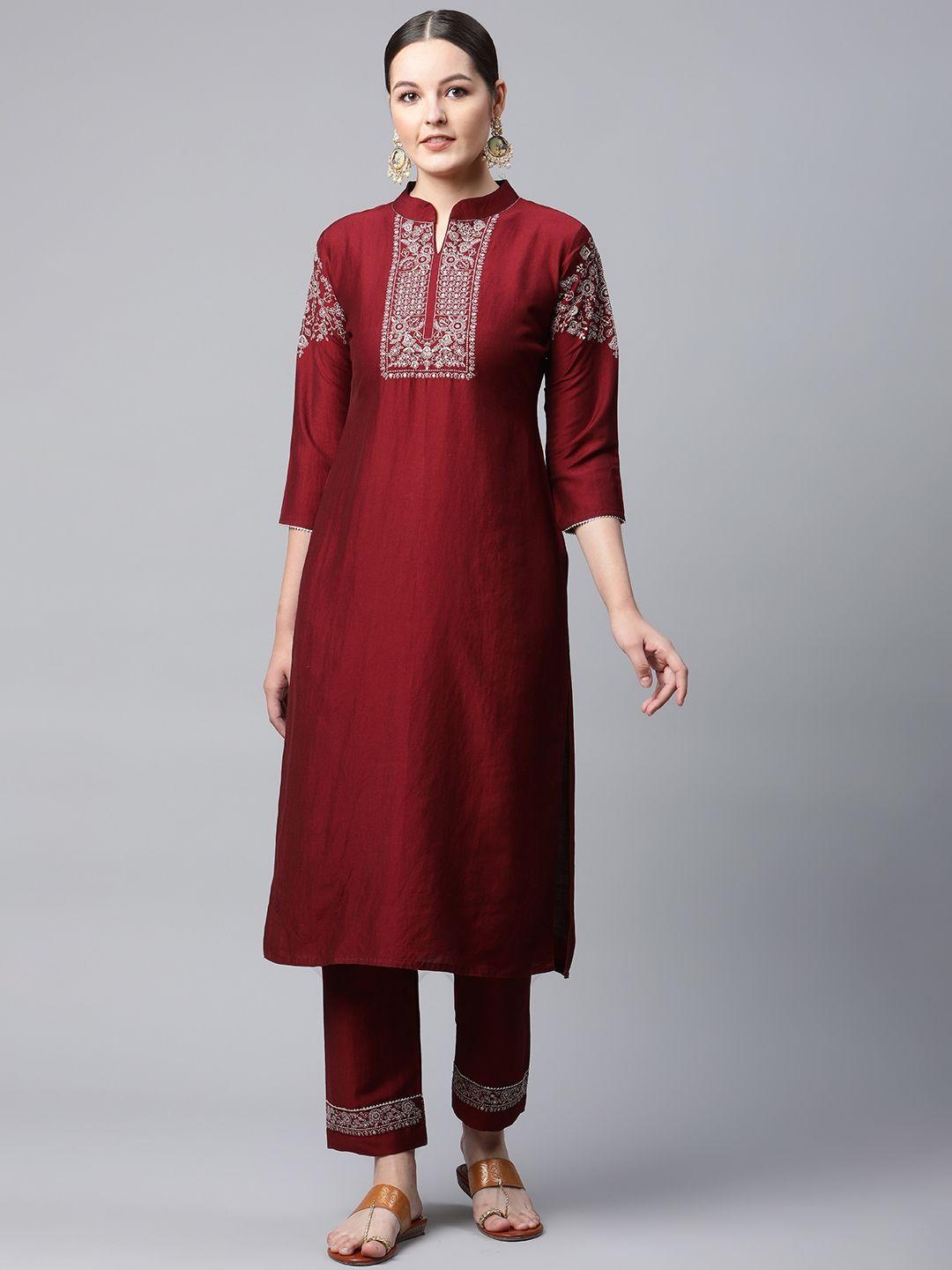 shewill women maroon ethnic motifs embroidered kurta with trousers