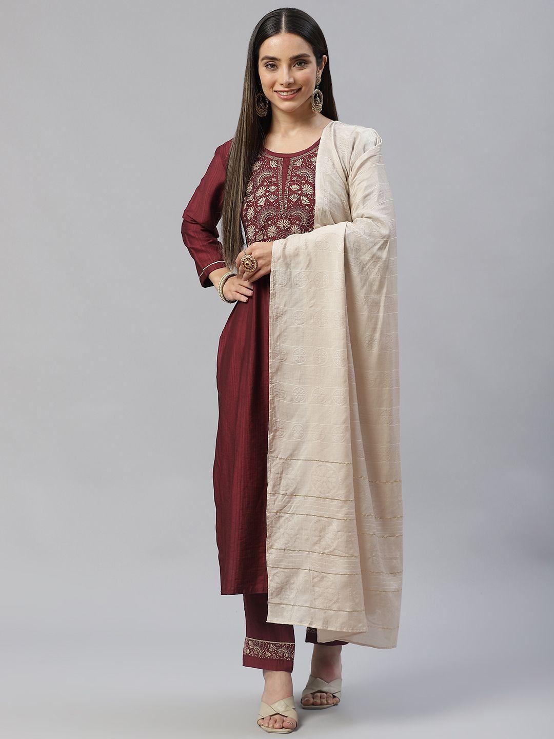 shewill women maroon ethnic motifs yoke design sequinned kurta with trousers & dupatta