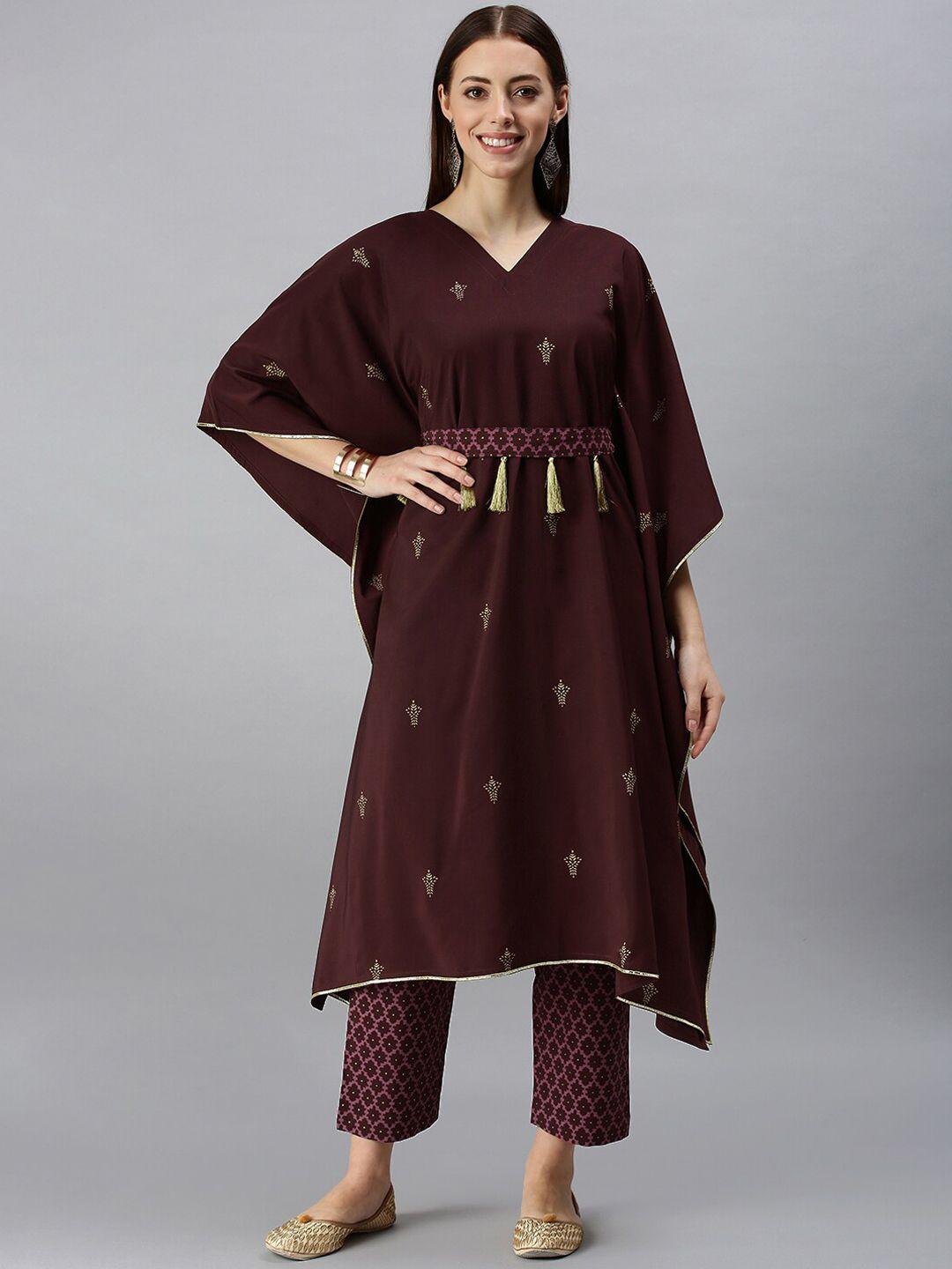 shewill women maroon foil printed kaftan kurta with trousers & dupatta