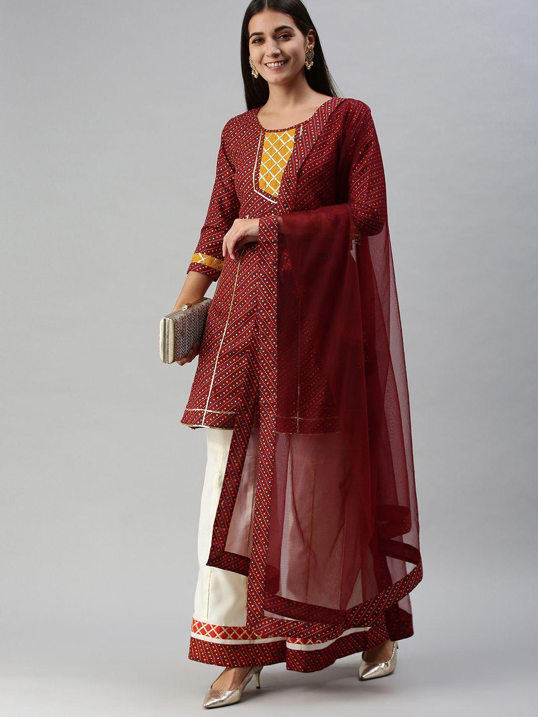 shewill women maroon printed regular kurta with palazzos & with dupatta