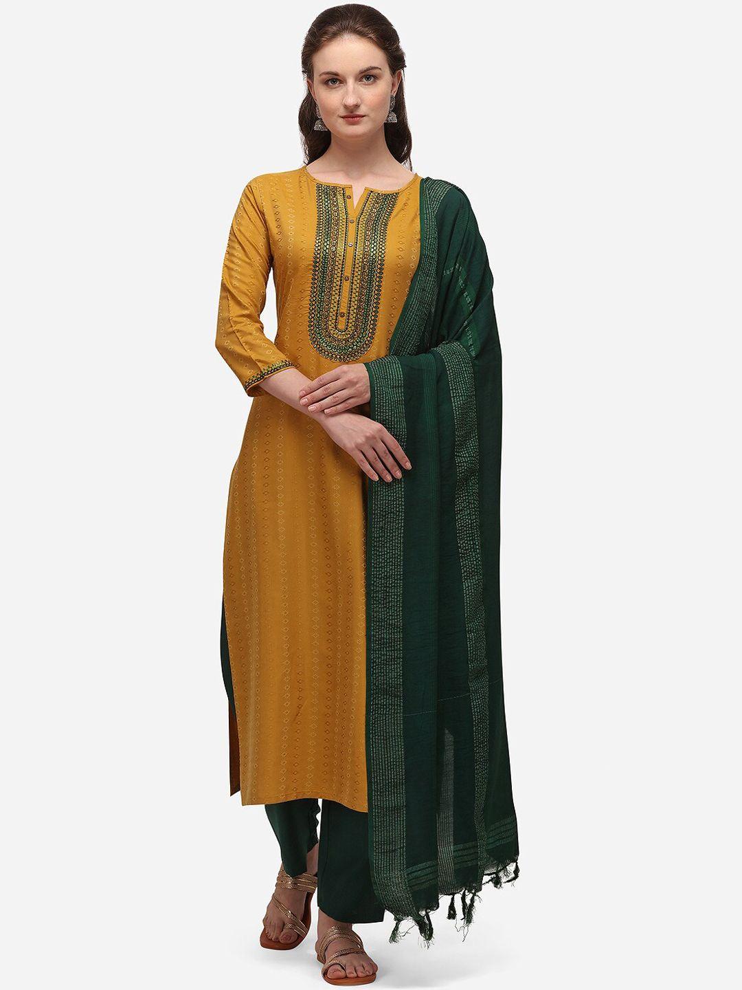 shewill women mustard & green woven design kurta with churidar & dupatta