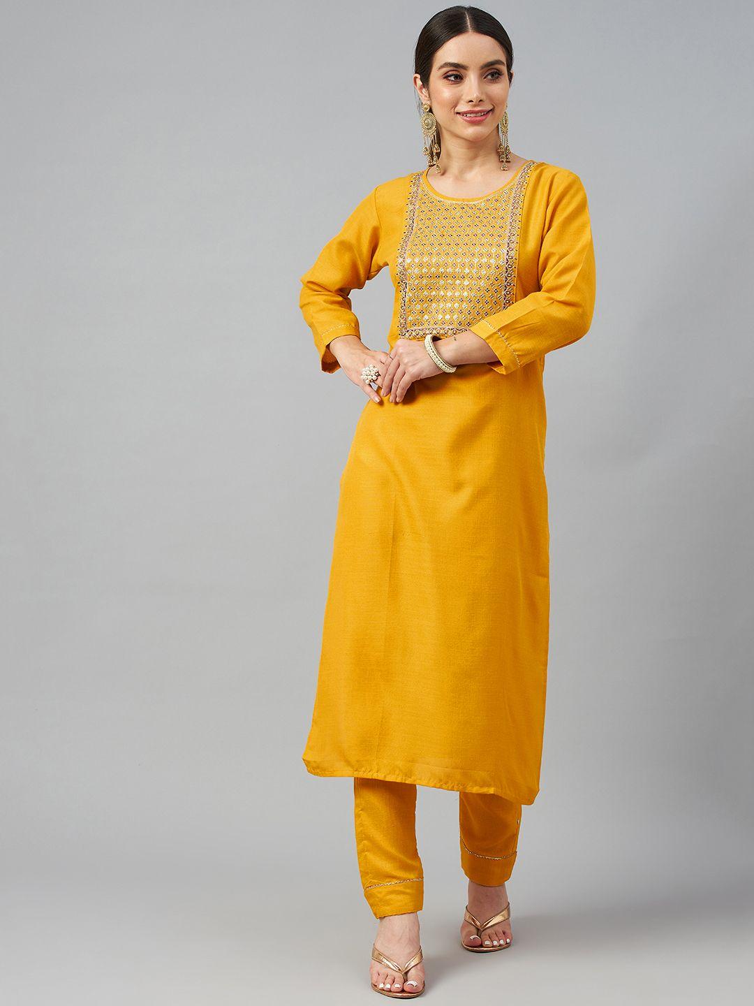 shewill women mustard yellow embroidered sequinned kurta with trousers