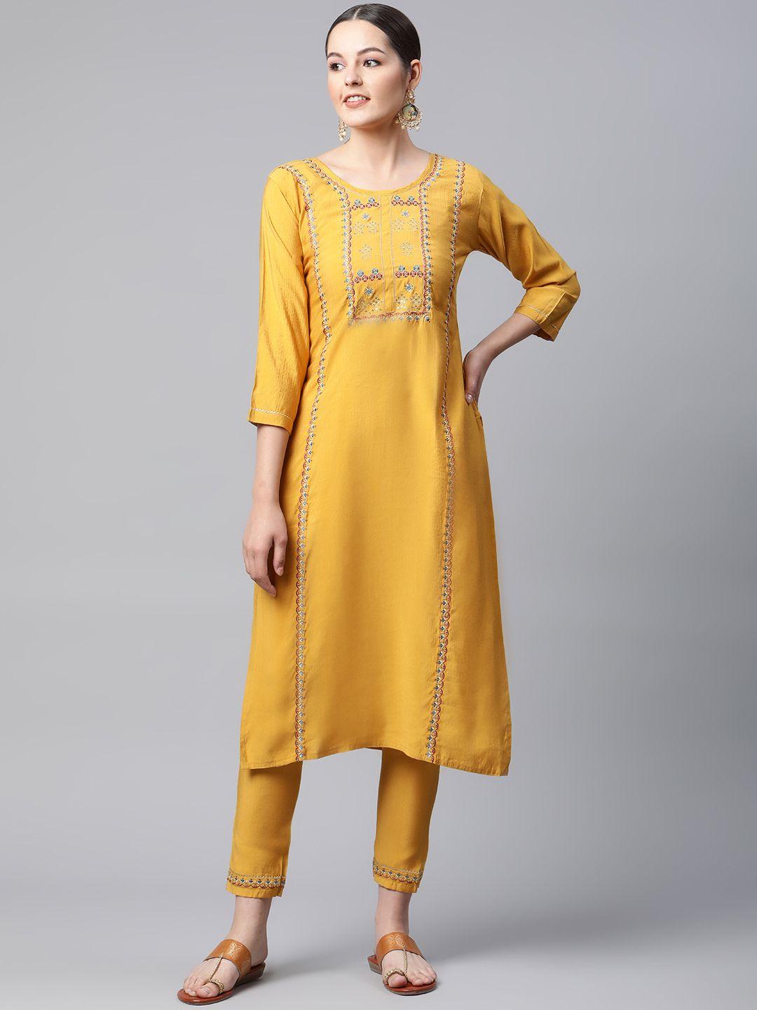 shewill women mustard yellow ethnic motifs embroidered sequinned kurta with trousers