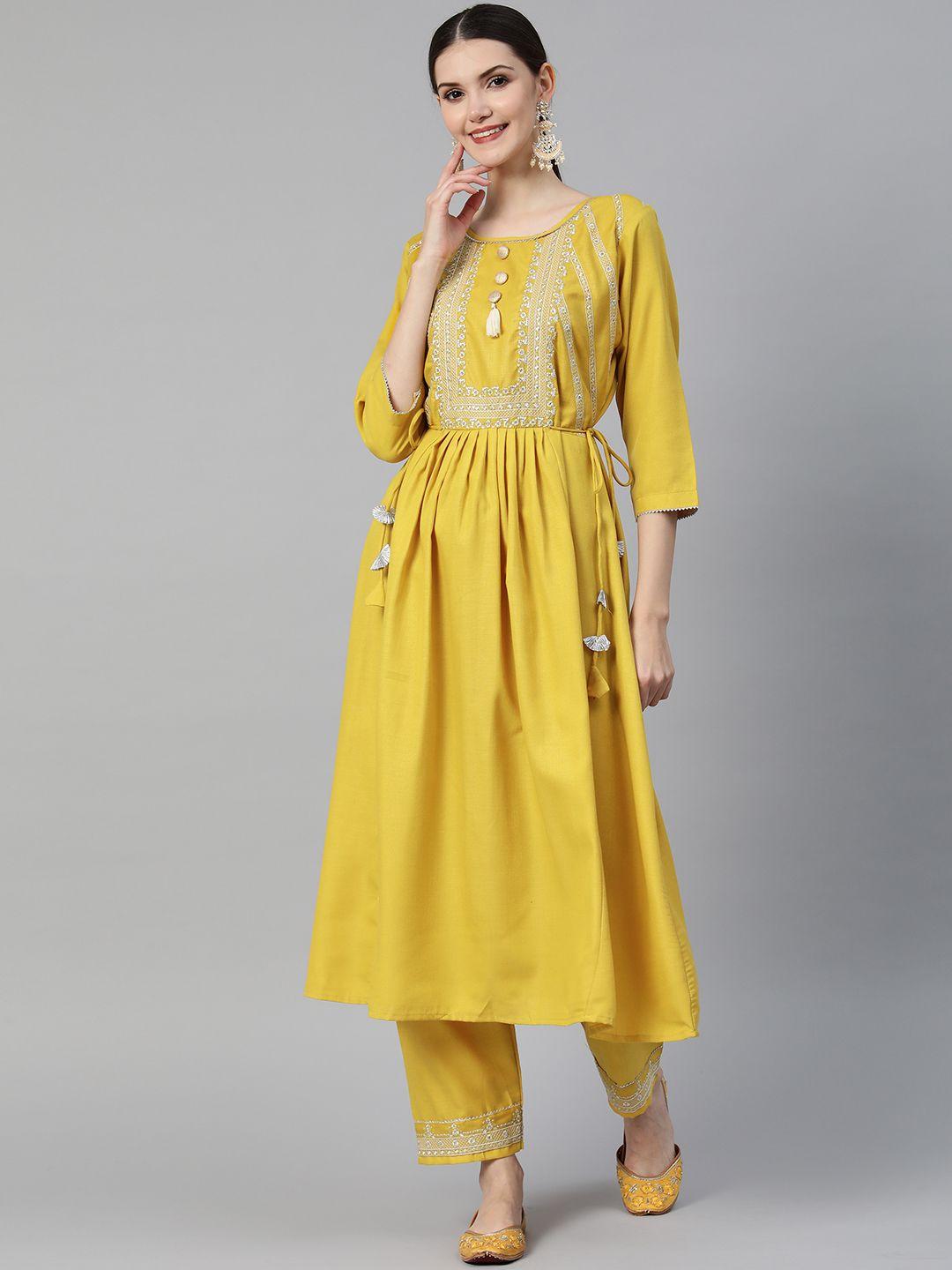 shewill women mustard yellow floral embroidered pleated kurta with trousers