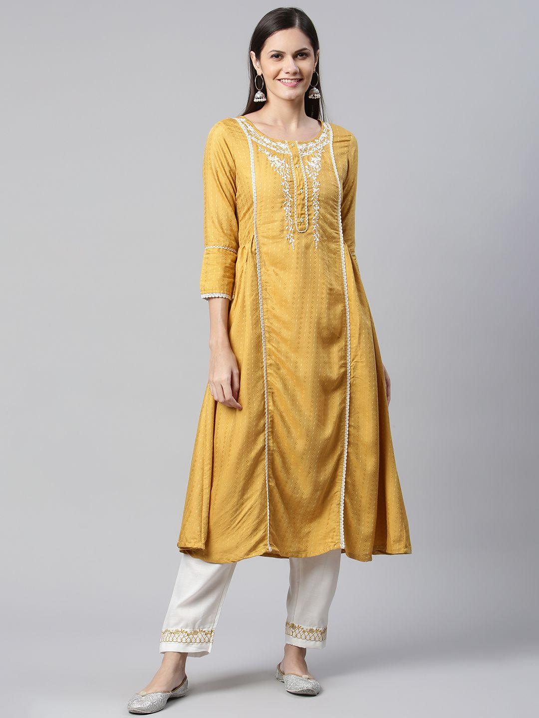 shewill women mustard yellow floral embroidered pleated sequinned kurta with trousers