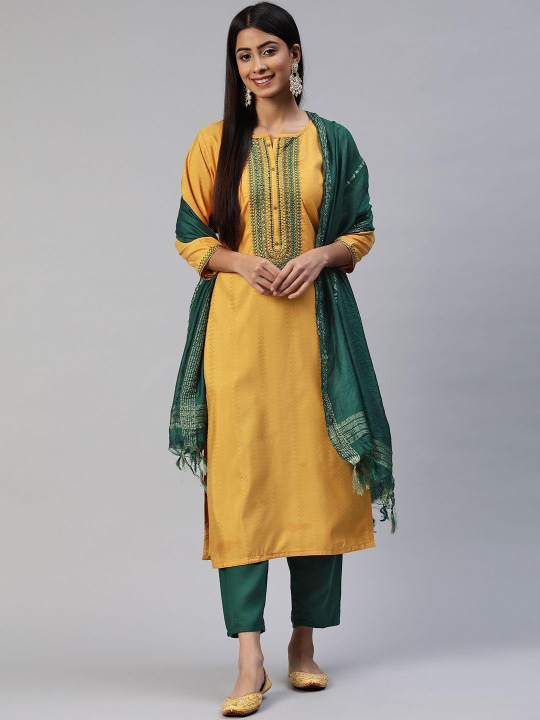 shewill women mustard yellow floral embroidered sequinned kurta with trousers & with dupatta