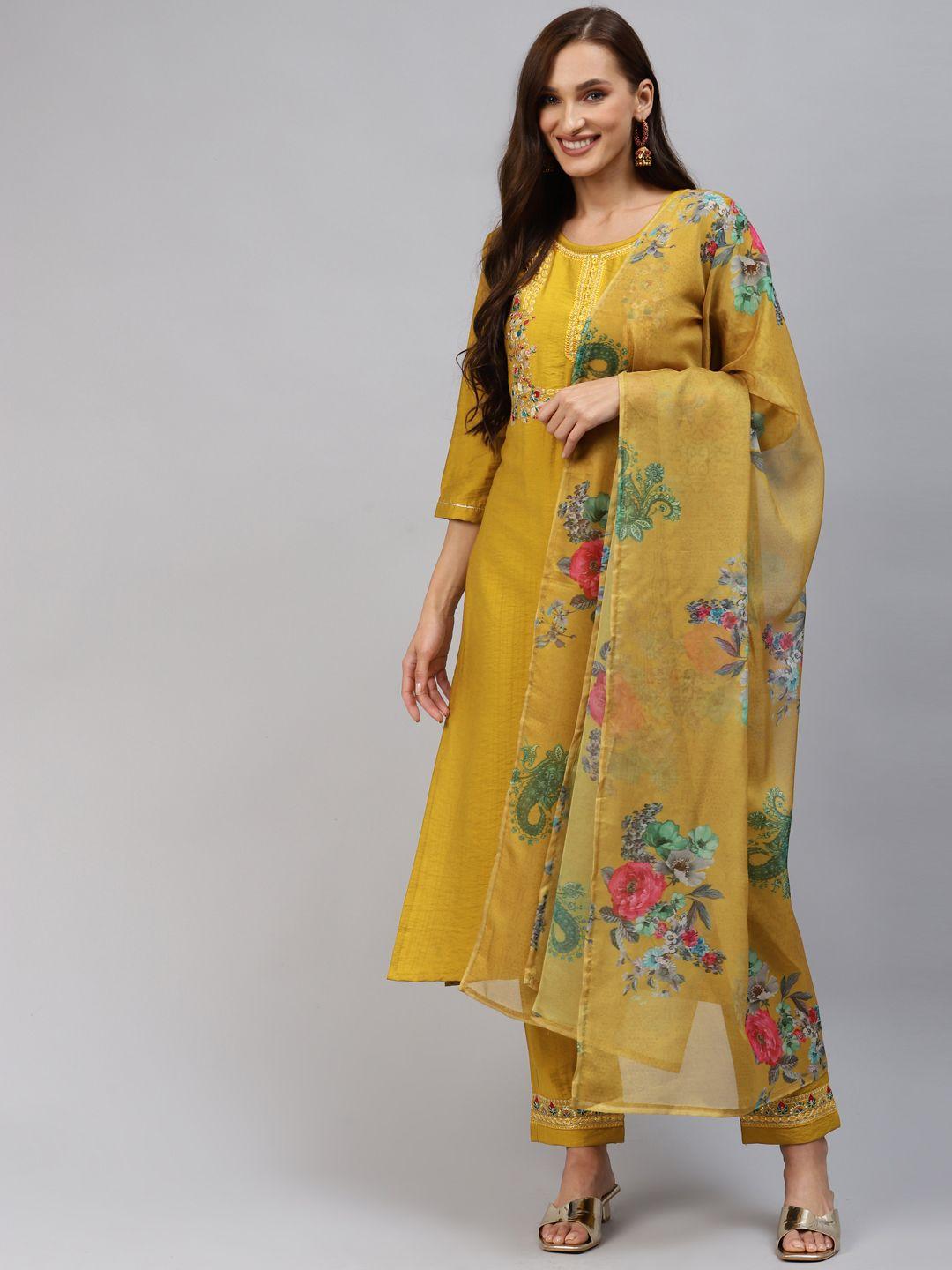 shewill women mustard yellow floral embroidered zardozi kurta with trousers & with dupatta