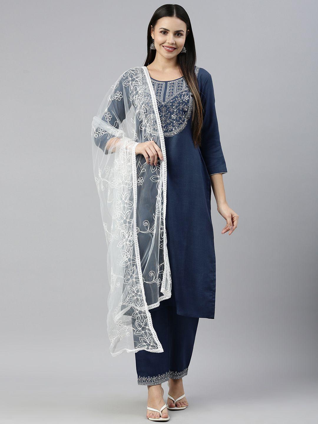 shewill women navy blue ethnic motifs embroidered mirror work kurta with trousers & with dupatta