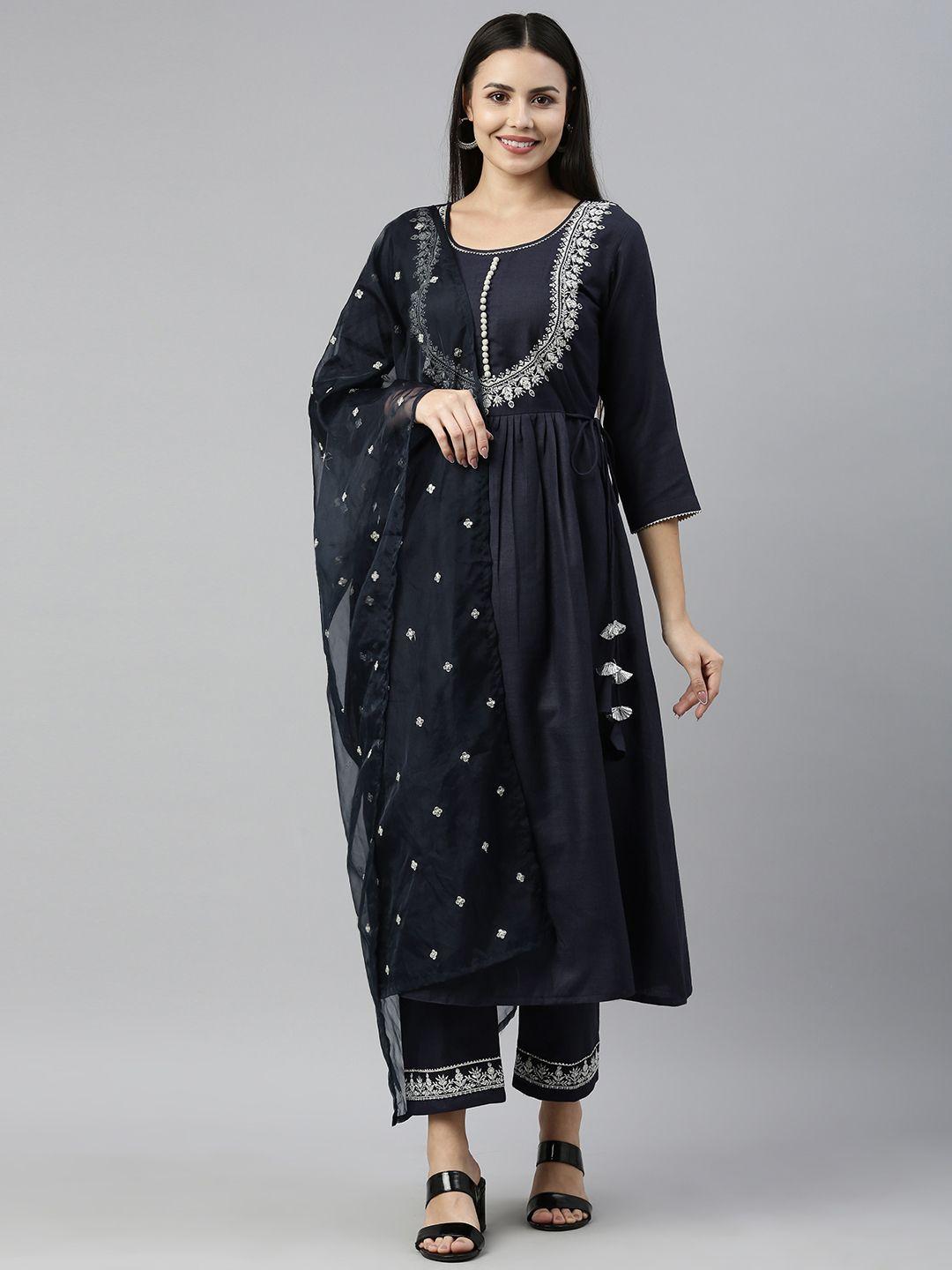 shewill women navy blue ethnic motifs embroidered sequinned kurta with trousers & with dupatta