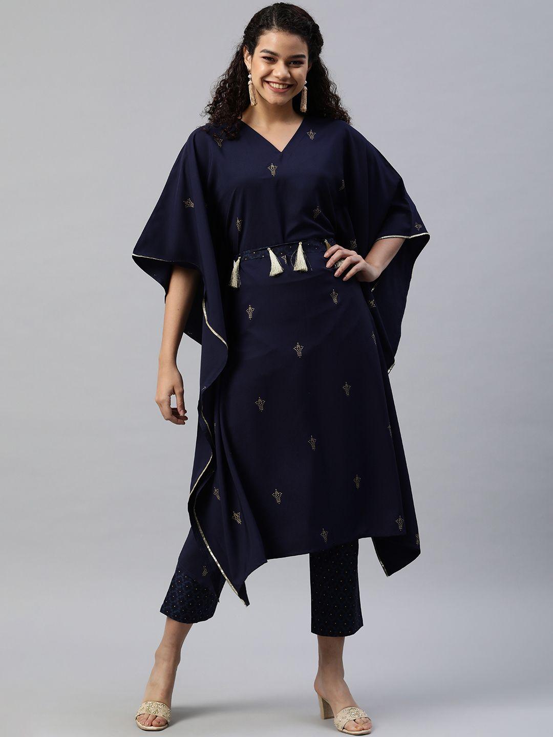 shewill women navy blue foil print kaftan kurta with cropped trousers