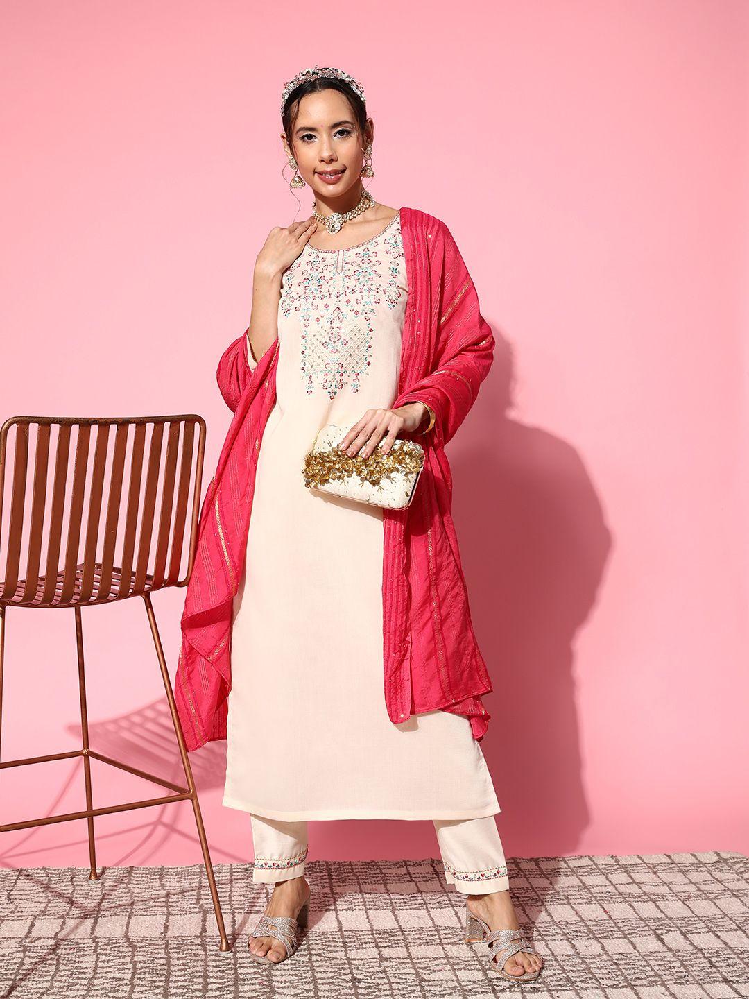 shewill women off white floral embroidered sequinned kurta with trousers & with dupatta