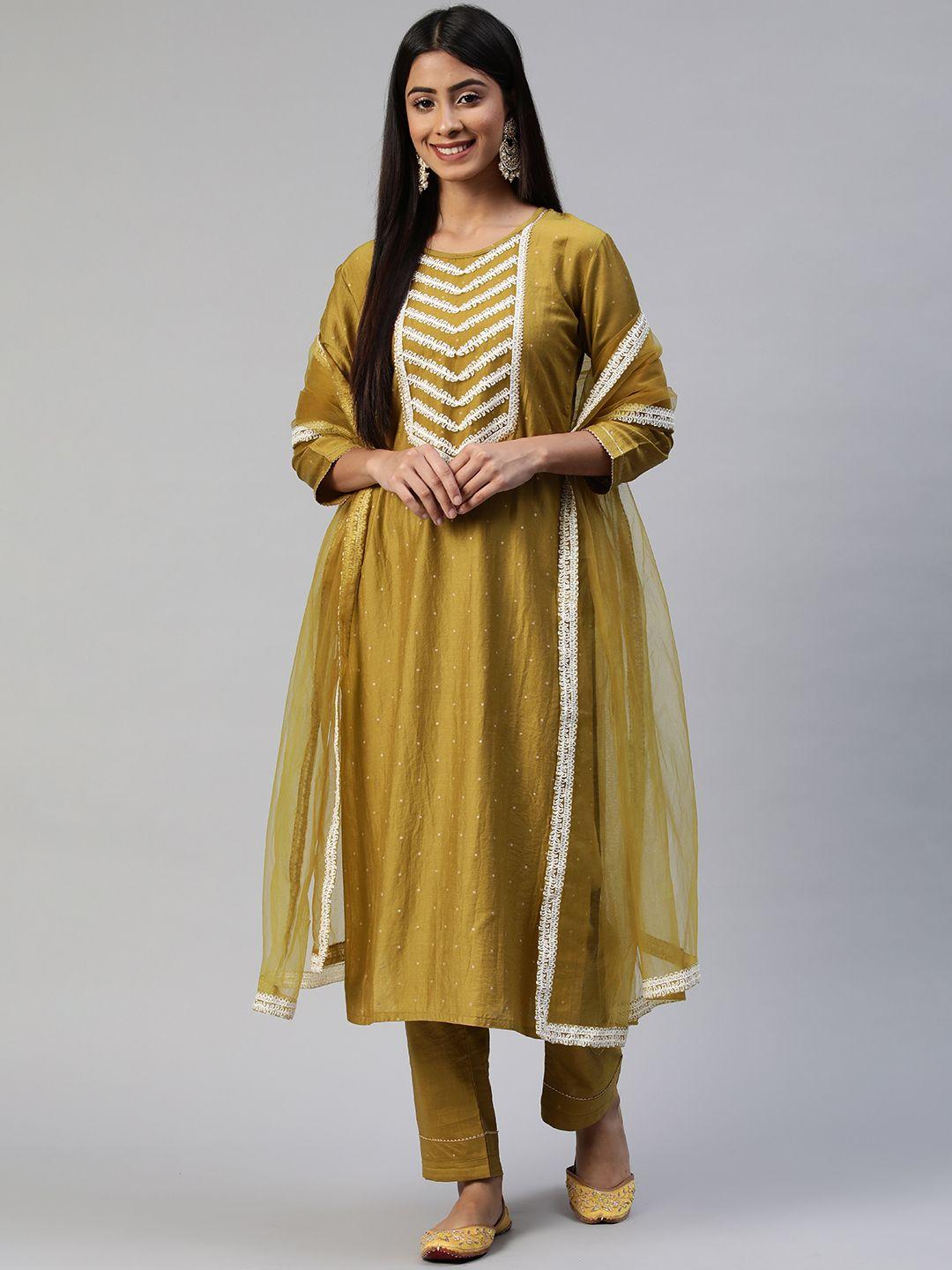 shewill women olive green embroidered kurta with trousers & dupatta