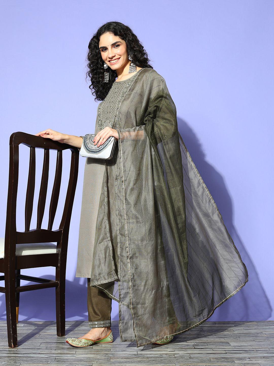 shewill women olive green ethnic motifs embroidered mirror work kurta with trousers & with dupatta