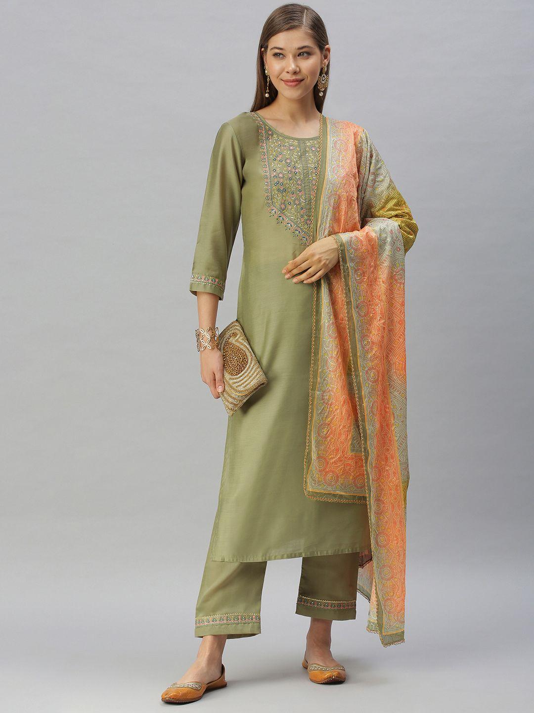 shewill women olive green ethnic motifs embroidered sequinned kurta with trousers & with dupatta