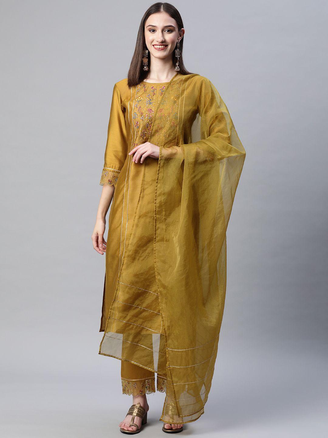 shewill women olive green ethnic motifs embroidered sequinned kurta with trousers & with dupatta