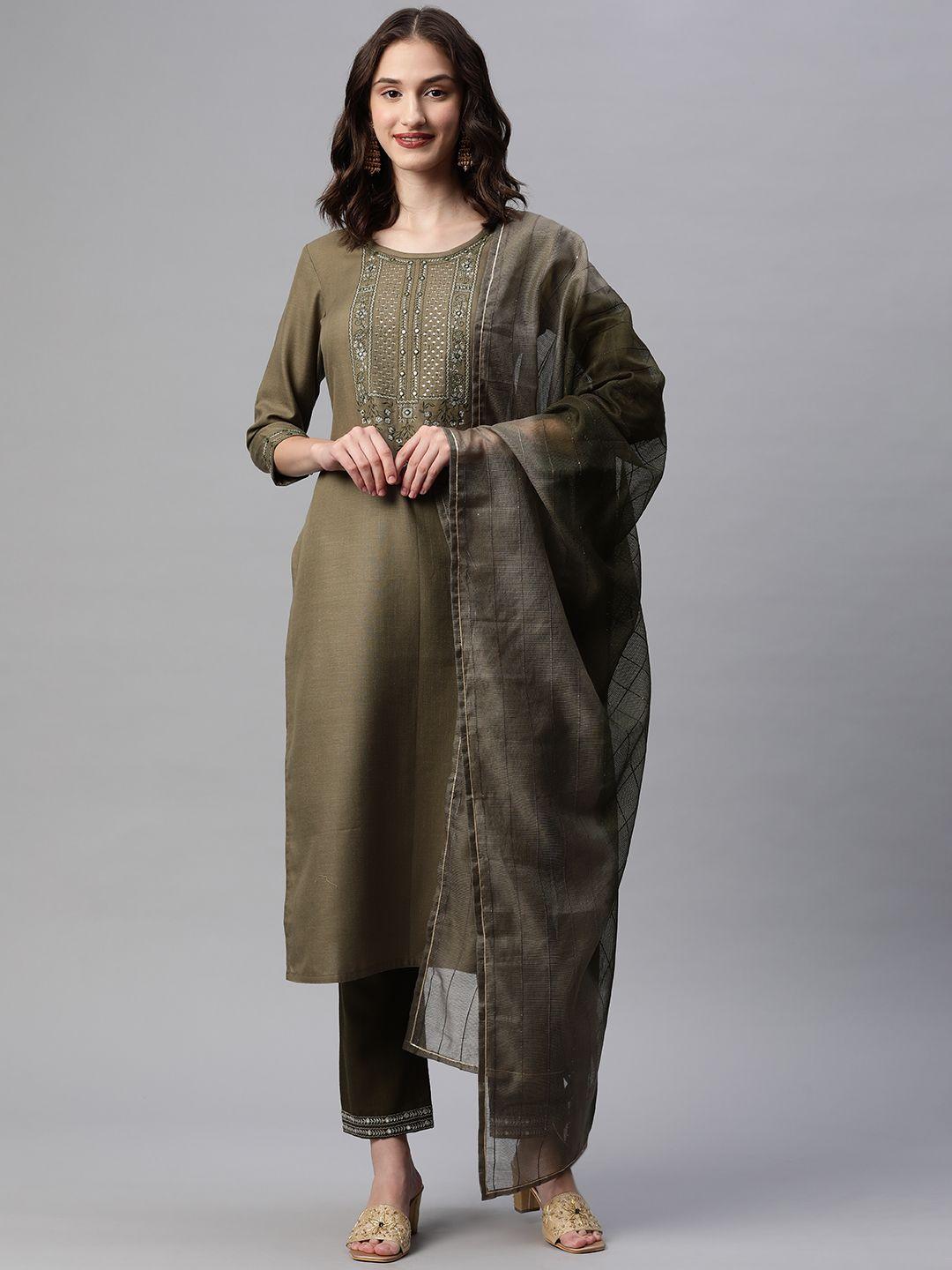shewill women olive green floral embroidered mirror work kurta with trousers & with dupatta
