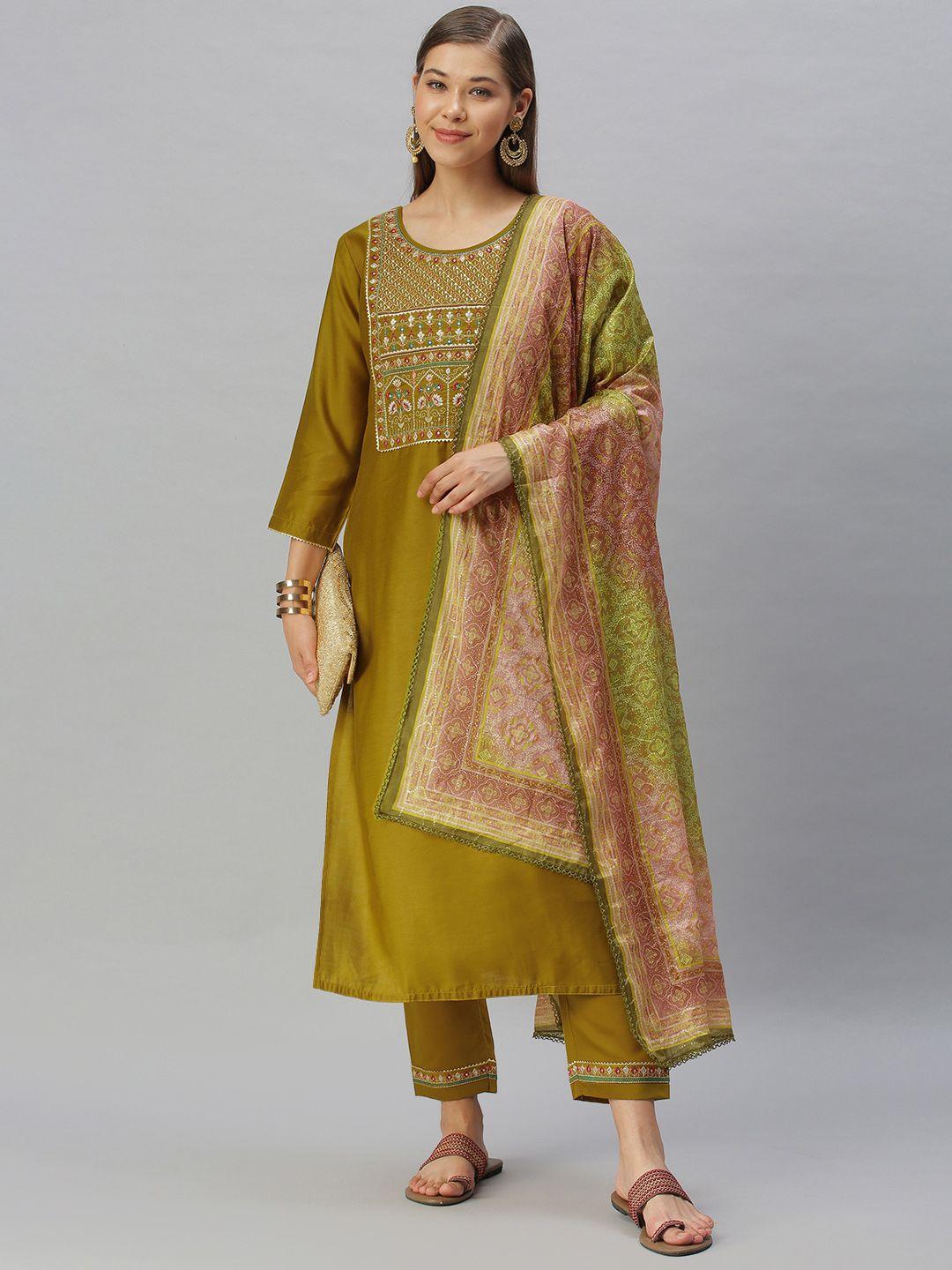 shewill women olive green floral embroidered sequinned kurta with trousers & with dupatta