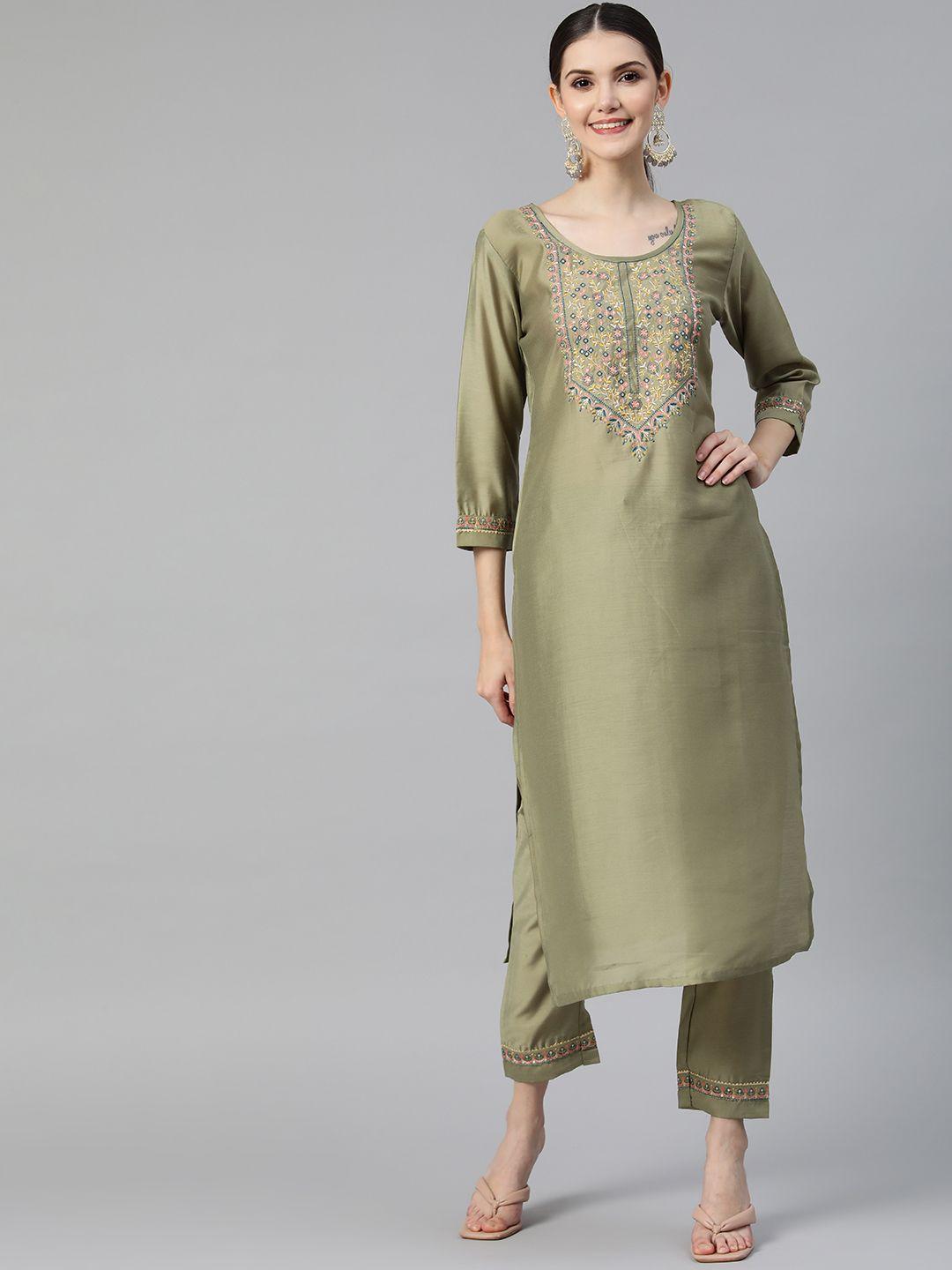 shewill women olive green floral embroidered sequinned kurta with trousers