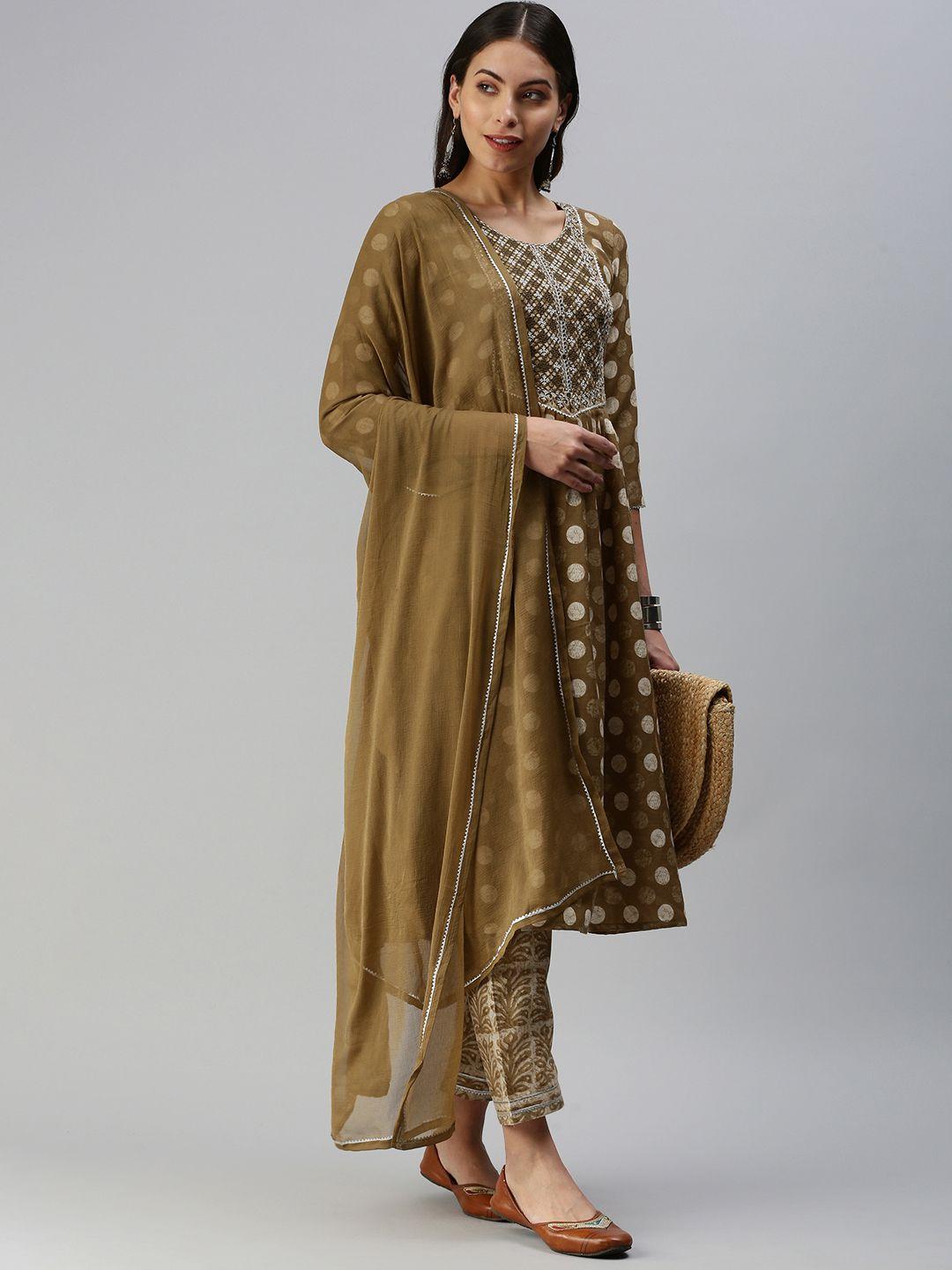 shewill women olive green geometric printed sequinned kurta with trousers & with dupatta