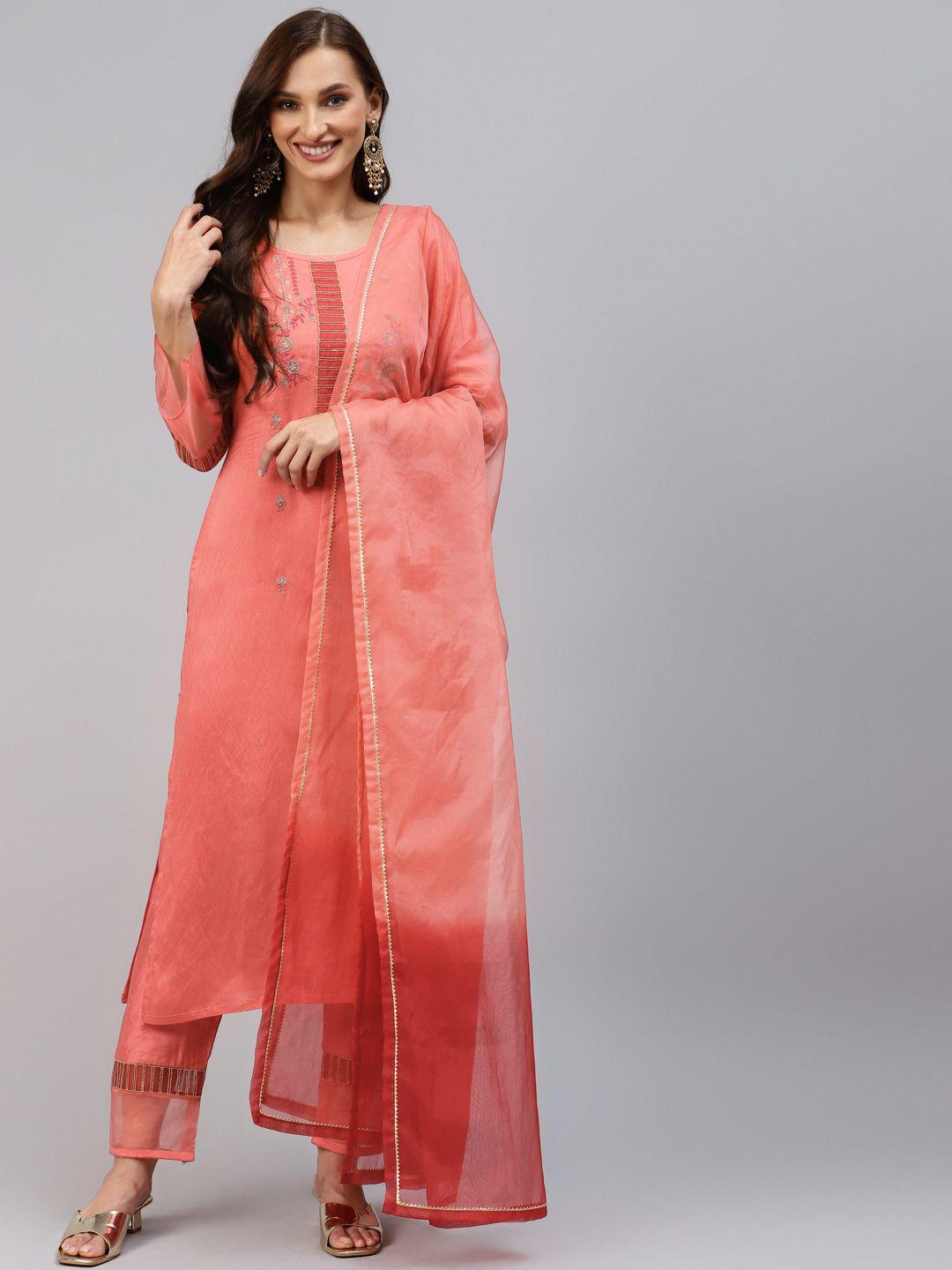 shewill women orange floral embroidered kurta with trousers & with dupatta