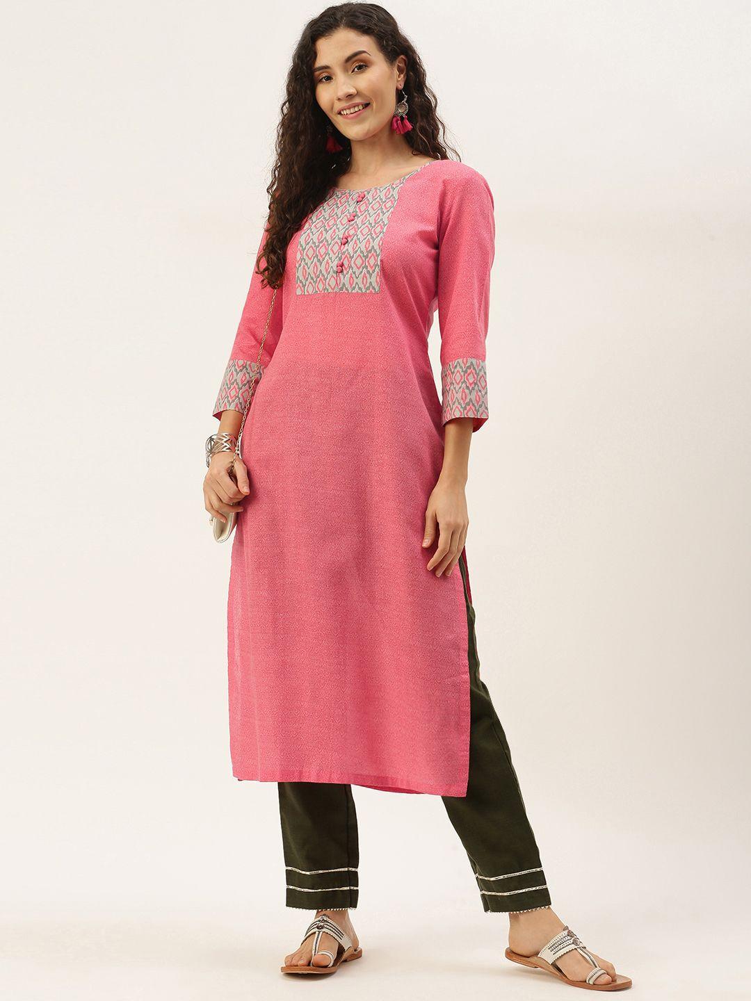 shewill women pink & grey ethnic motifs printed kurta