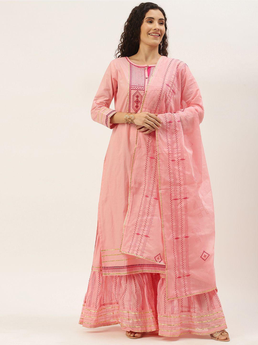 shewill women pink embroidered gotta patti kurta with sharara & dupatta