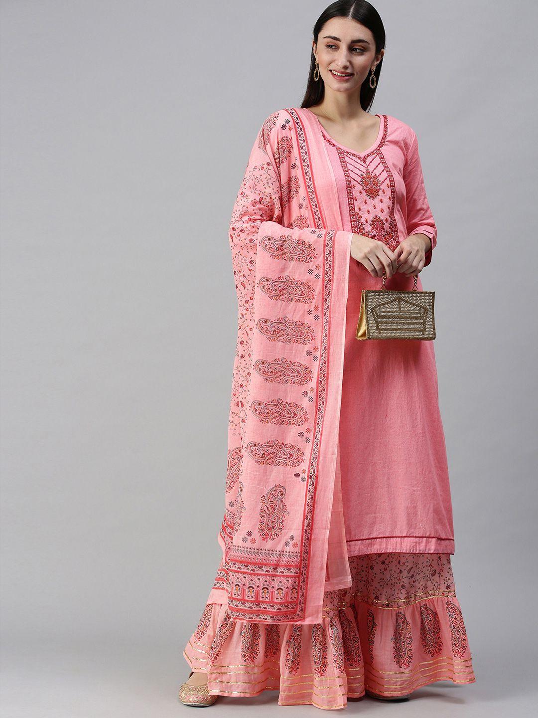 shewill women pink ethnic motifs embroidered gotta patti cotton kurta with sharara