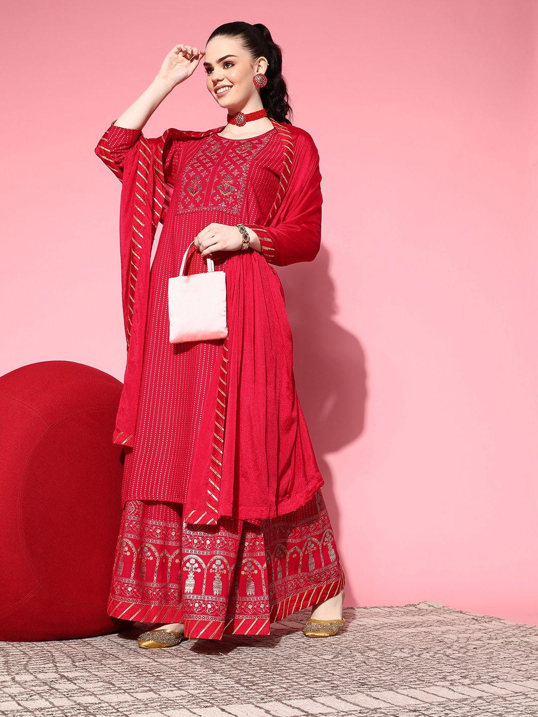 shewill women pink floral embroidered kurta with skirt & with dupatta