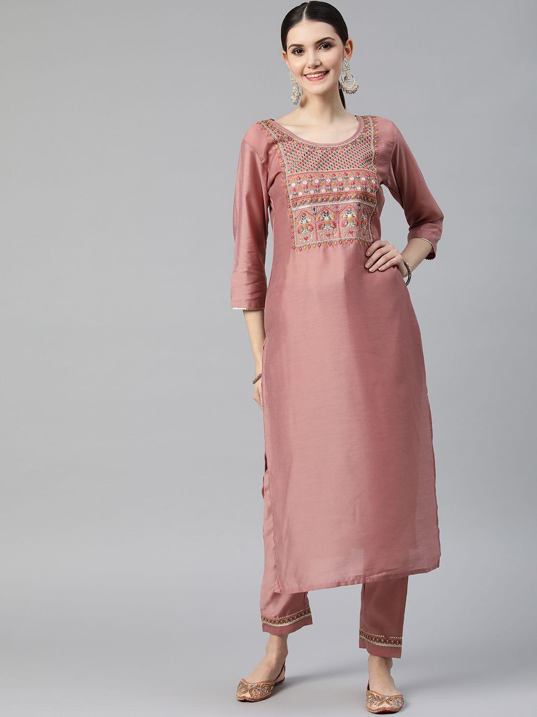 shewill women pink floral embroidered sequinned kurta with trousers