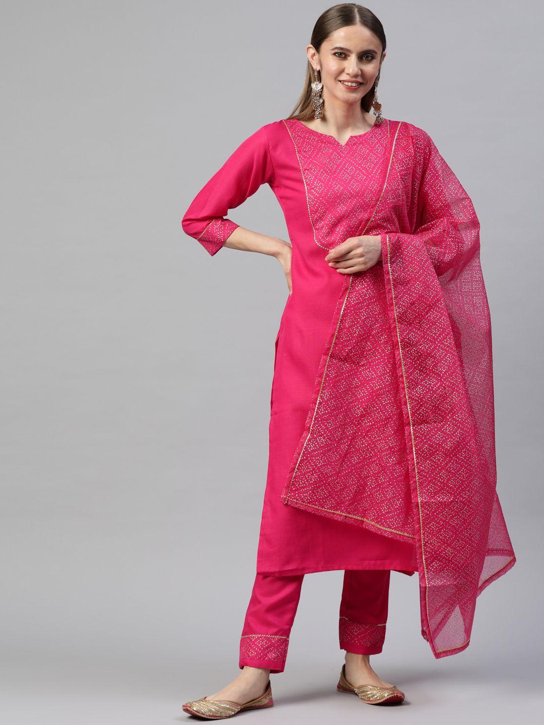 shewill women pink printed gotta patti kurta with trousers