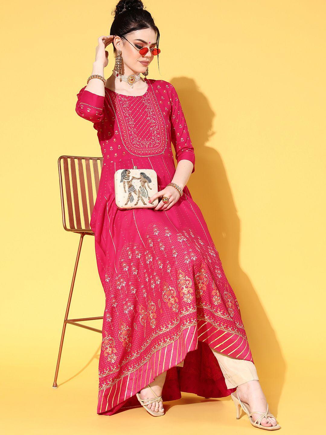 shewill women pretty pink viscose rayon print mix kurta