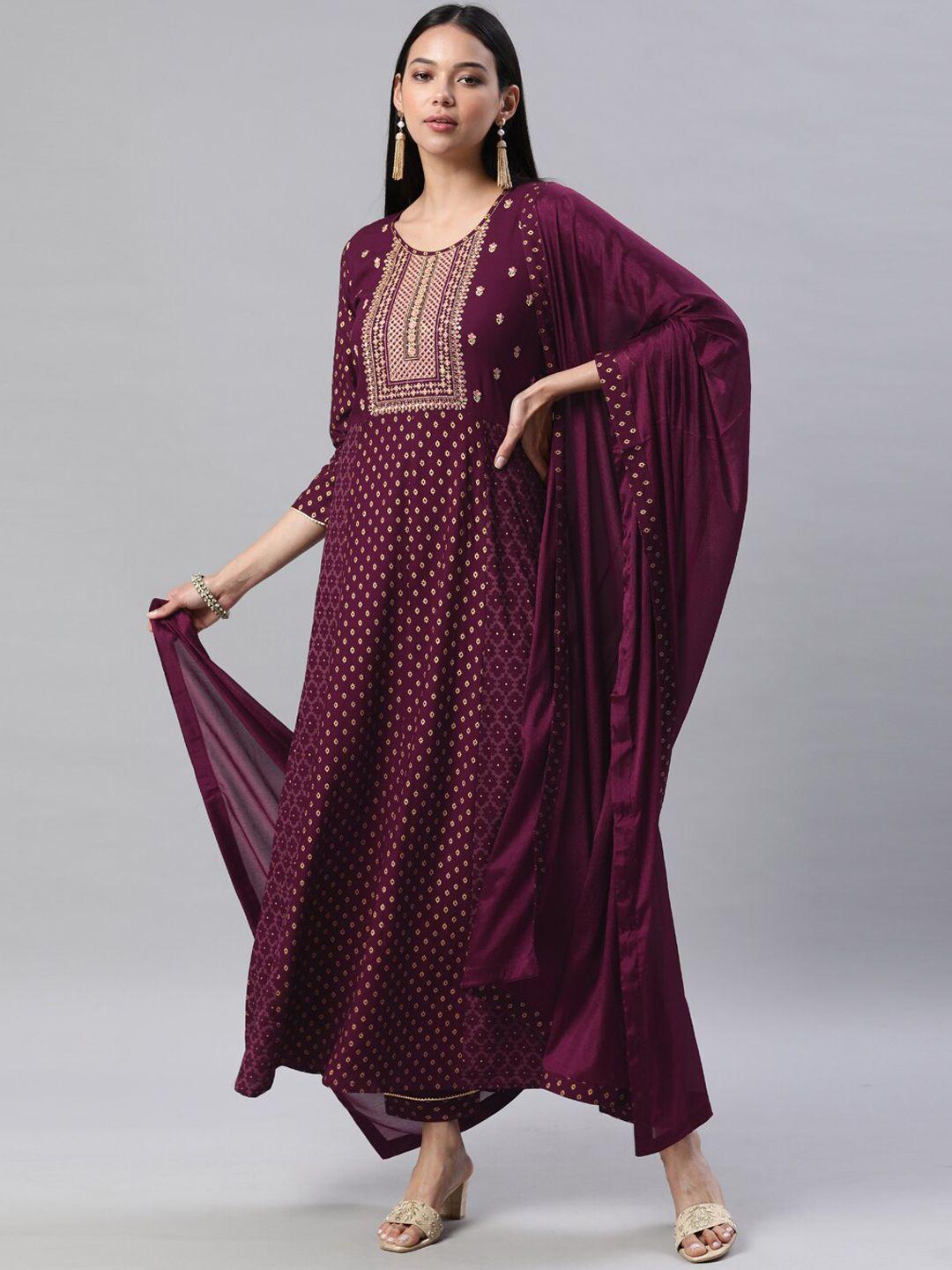 shewill women purple embroidered kurta with trouser & dupatta