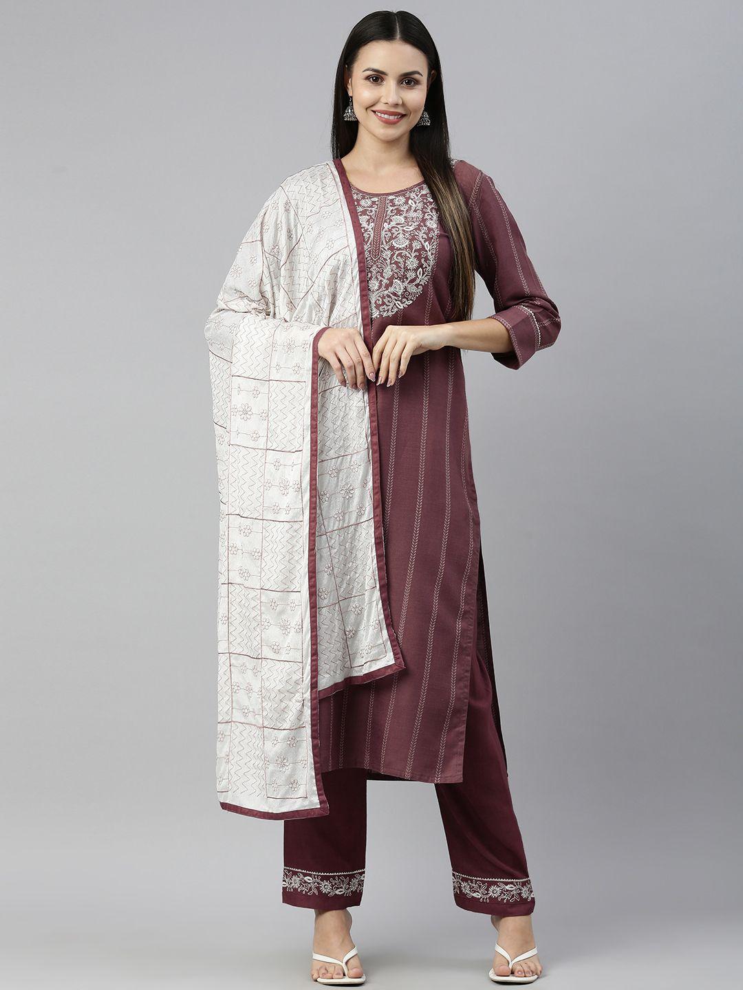 shewill women purple ethnic motifs embroidered kurta with trousers & with dupatta